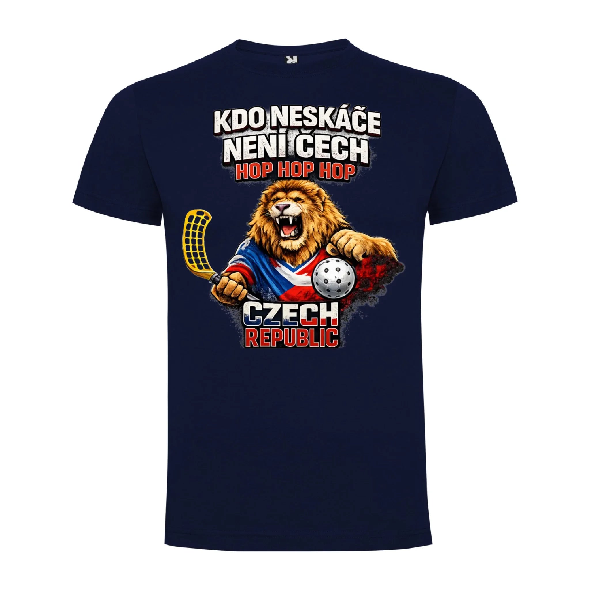 PÁNSKÉ TRIČKO FLORBAL KDO NESKÁĆE NENÍ ČECH s možností dotisku jména, čísla, obrázku jen motiv dopředu Námořnická modrá