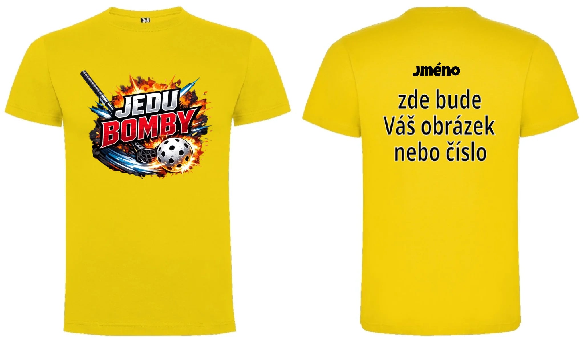 PÁNSKÉ TRIČKO FLORBAL JEDU BOMBY s možností dotisku jména, čísla, obrázku motiv dopředu a na záda vlastní potisk Žlutá