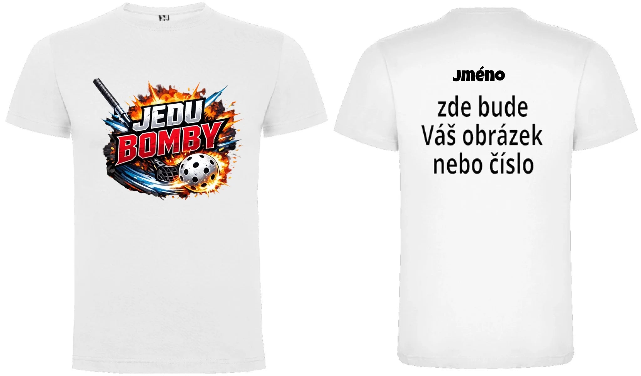 PÁNSKÉ TRIČKO FLORBAL JEDU BOMBY s možností dotisku jména, čísla, obrázku motiv dopředu a na záda vlastní potisk Bílá