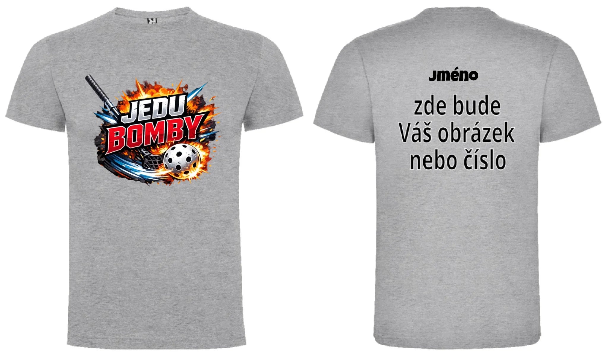 PÁNSKÉ TRIČKO FLORBAL JEDU BOMBY s možností dotisku jména, čísla, obrázku motiv dopředu a na záda vlastní potisk Melír
