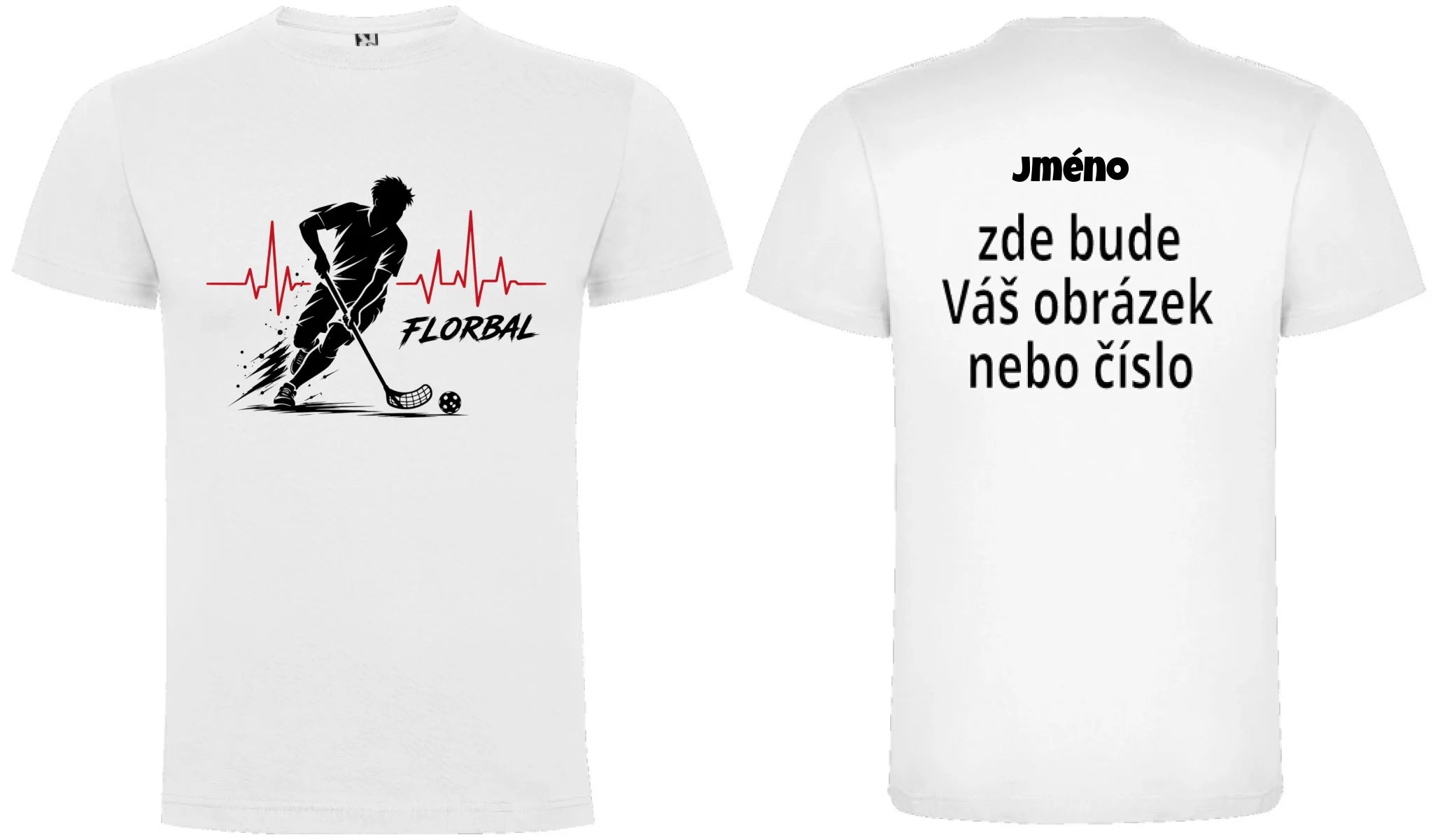 PÁNSKÉ TRIČKO FLORBAL HEARTBEAT s možností dotisku jména, čísla, obrázku motiv dopředu a na záda vlastní potisk Bílá