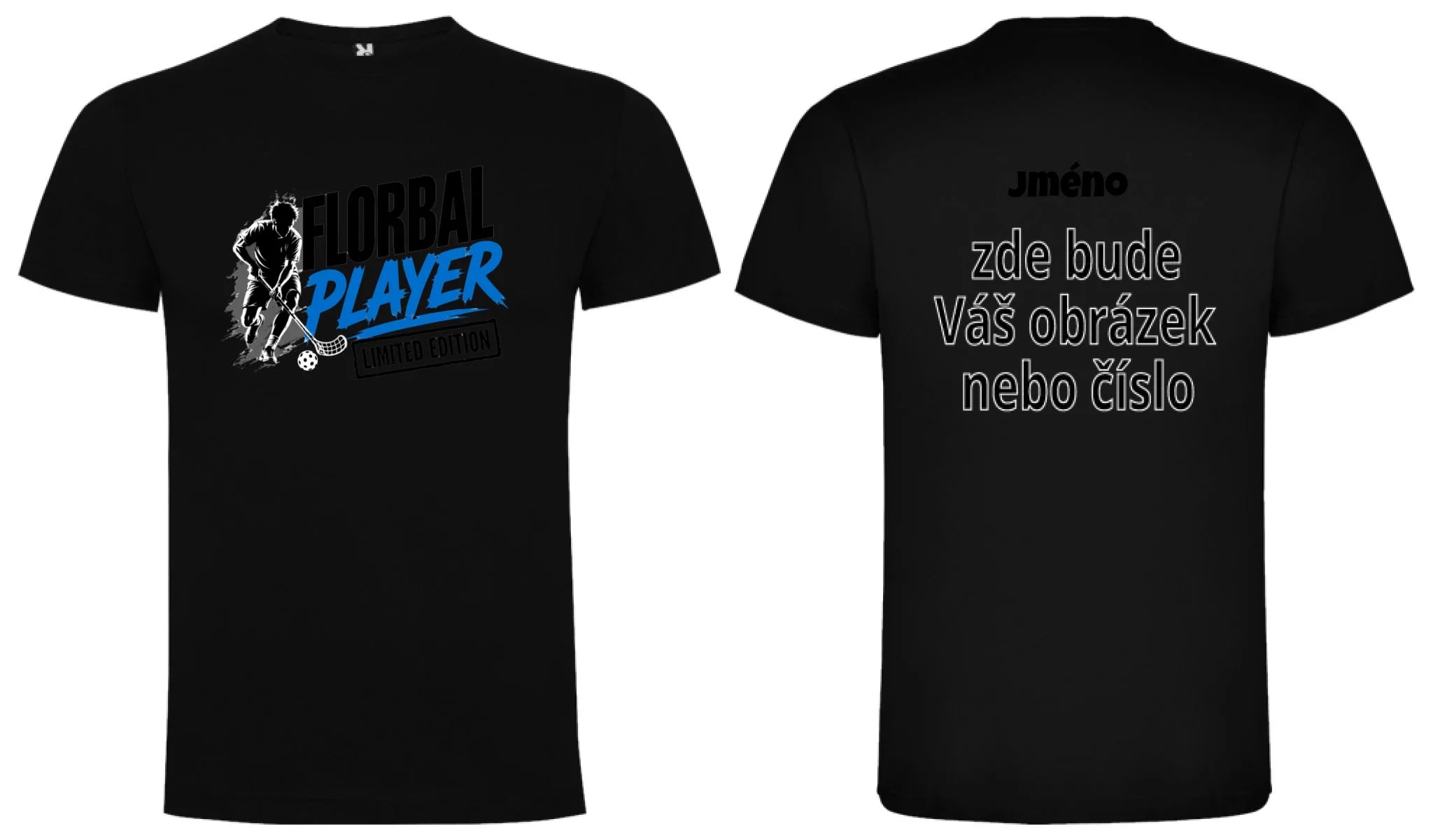 PÁNSKÉ TRIČKO FLORBAL PLAYER s možností dotisku jména, čísla, obrázku motiv dopředu a na záda vlastní potisk Černá