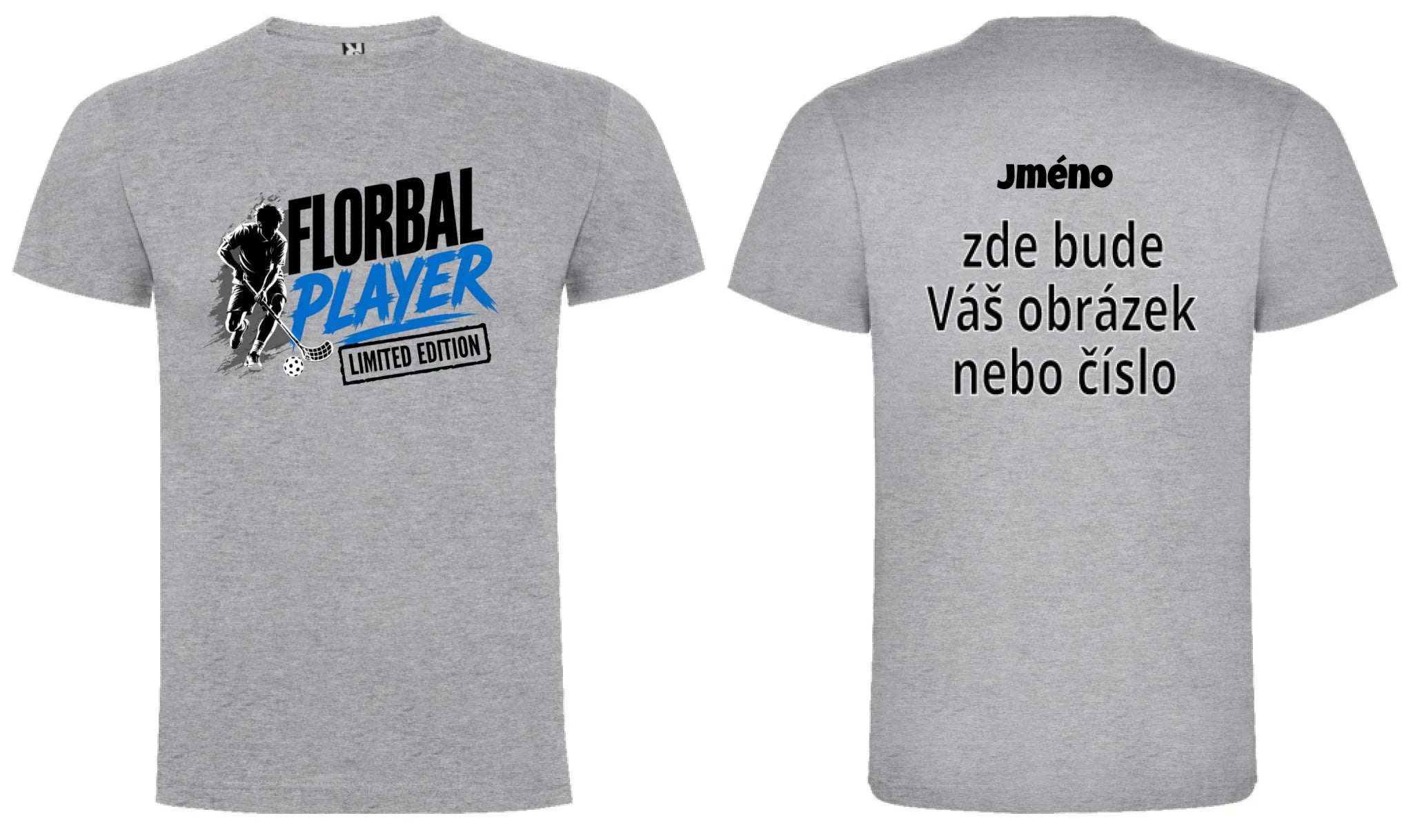 PÁNSKÉ TRIČKO FLORBAL PLAYER s možností dotisku jména, čísla, obrázku motiv dopředu a na záda vlastní potisk Melír