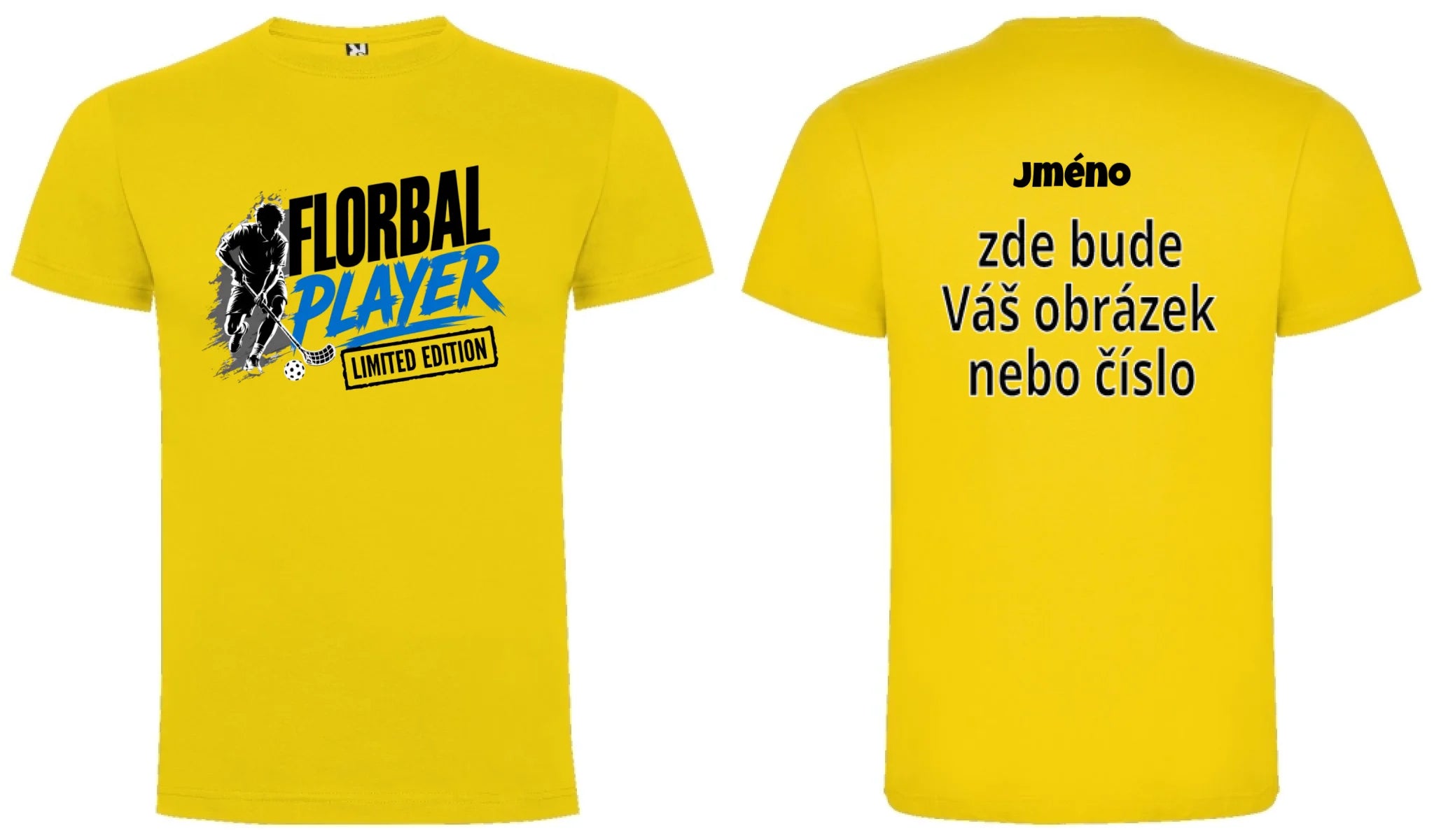 PÁNSKÉ TRIČKO FLORBAL PLAYER s možností dotisku jména, čísla, obrázku motiv dopředu a na záda vlastní potisk Žlutá