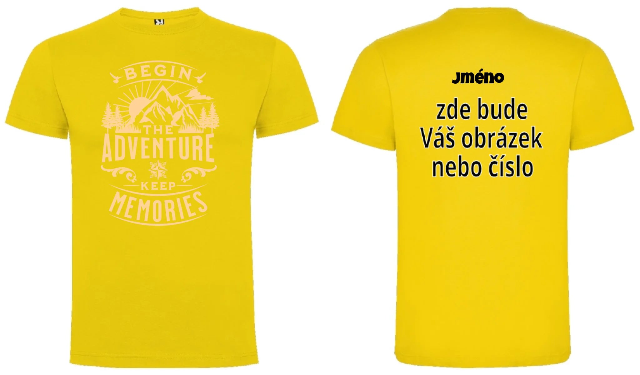 PÁNSKÉ TRIČKO BEGIN THE ADVENTURE s možností dotisku jména, čísla, obrázku motiv dopředu a na záda vlastní potisk Žlutá