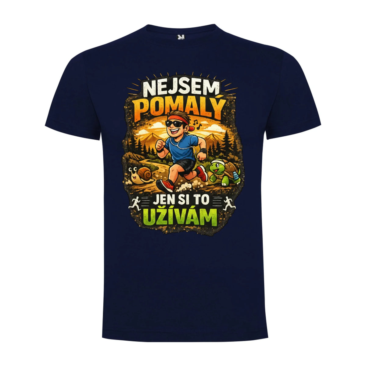 PÁNSKÉ TRIČKO BĚH NEJSEM POMALÝ s možností dotisku jména, čísla, obrázku jen motiv dopředu Námořnická modrá