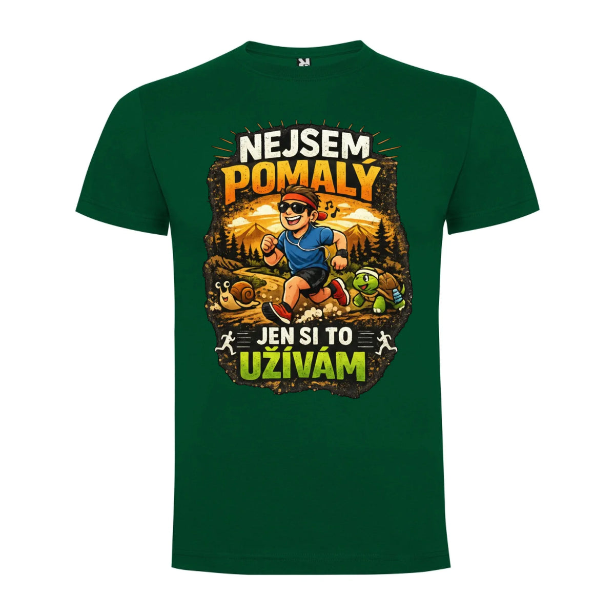 PÁNSKÉ TRIČKO BĚH NEJSEM POMALÝ s možností dotisku jména, čísla, obrázku jen motiv dopředu Tmavě zelená