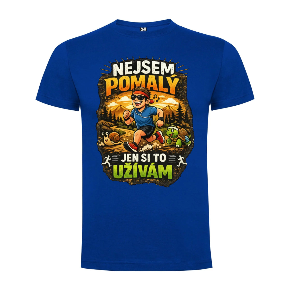 PÁNSKÉ TRIČKO BĚH NEJSEM POMALÝ s možností dotisku jména, čísla, obrázku jen motiv dopředu Modrá
