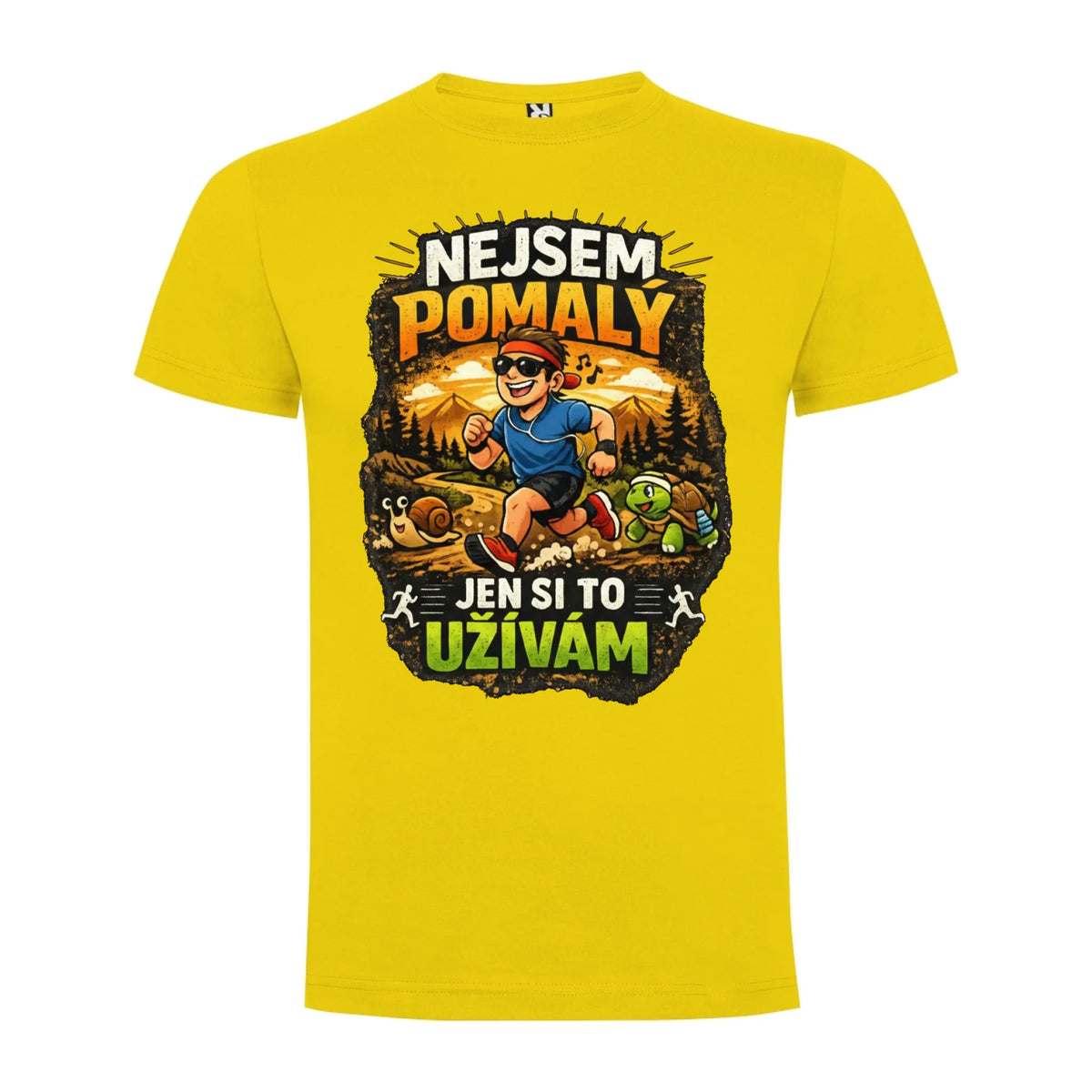 PÁNSKÉ TRIČKO BĚH NEJSEM POMALÝ s možností dotisku jména, čísla, obrázku jen motiv dopředu Žlutá