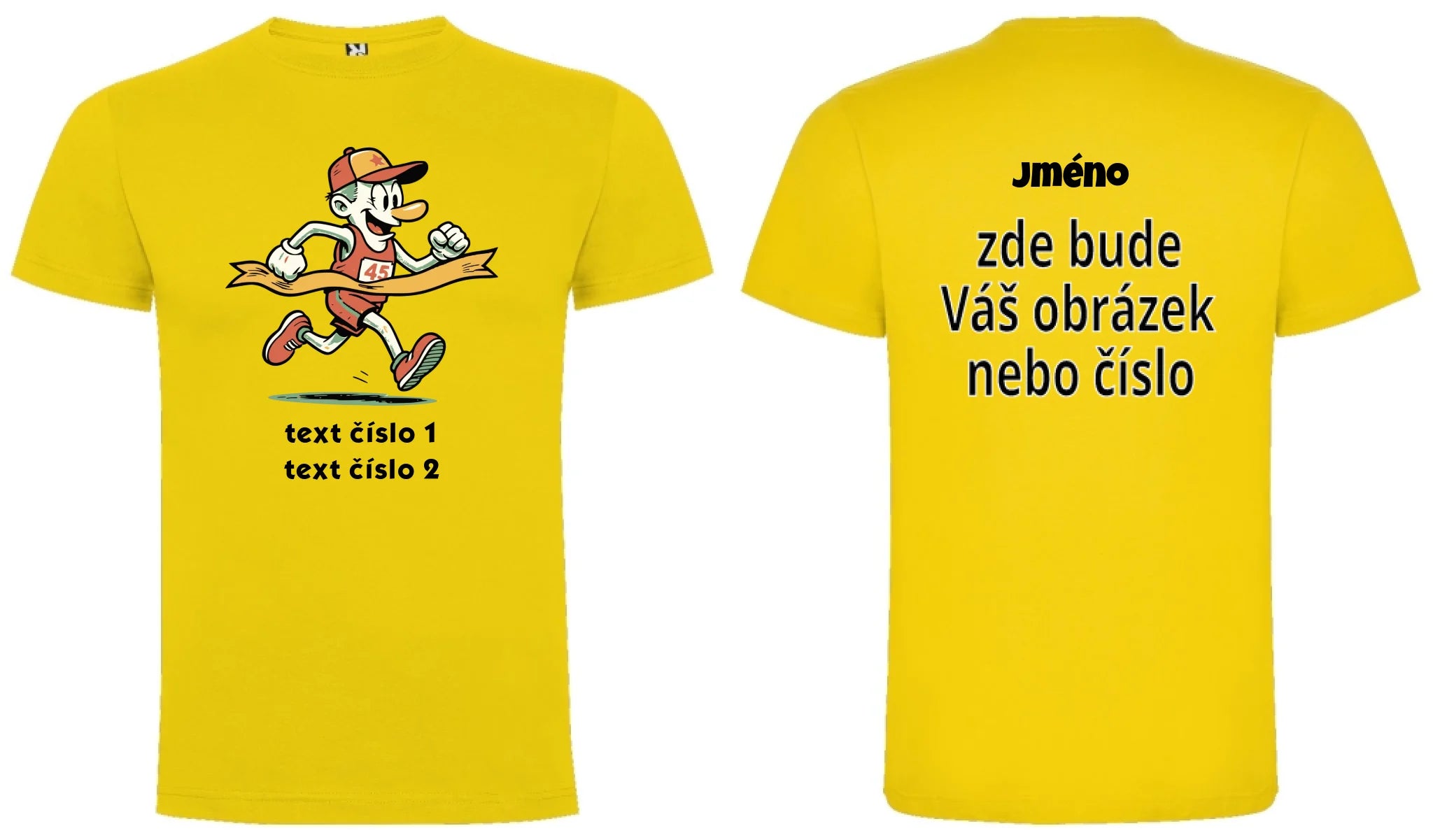 PÁNSKÉ TRIČKO BĚH výběr z 10+ obrázků, možnost doplnit vlastní texty motiv dopředu a na záda vlastní potisk Žlutá