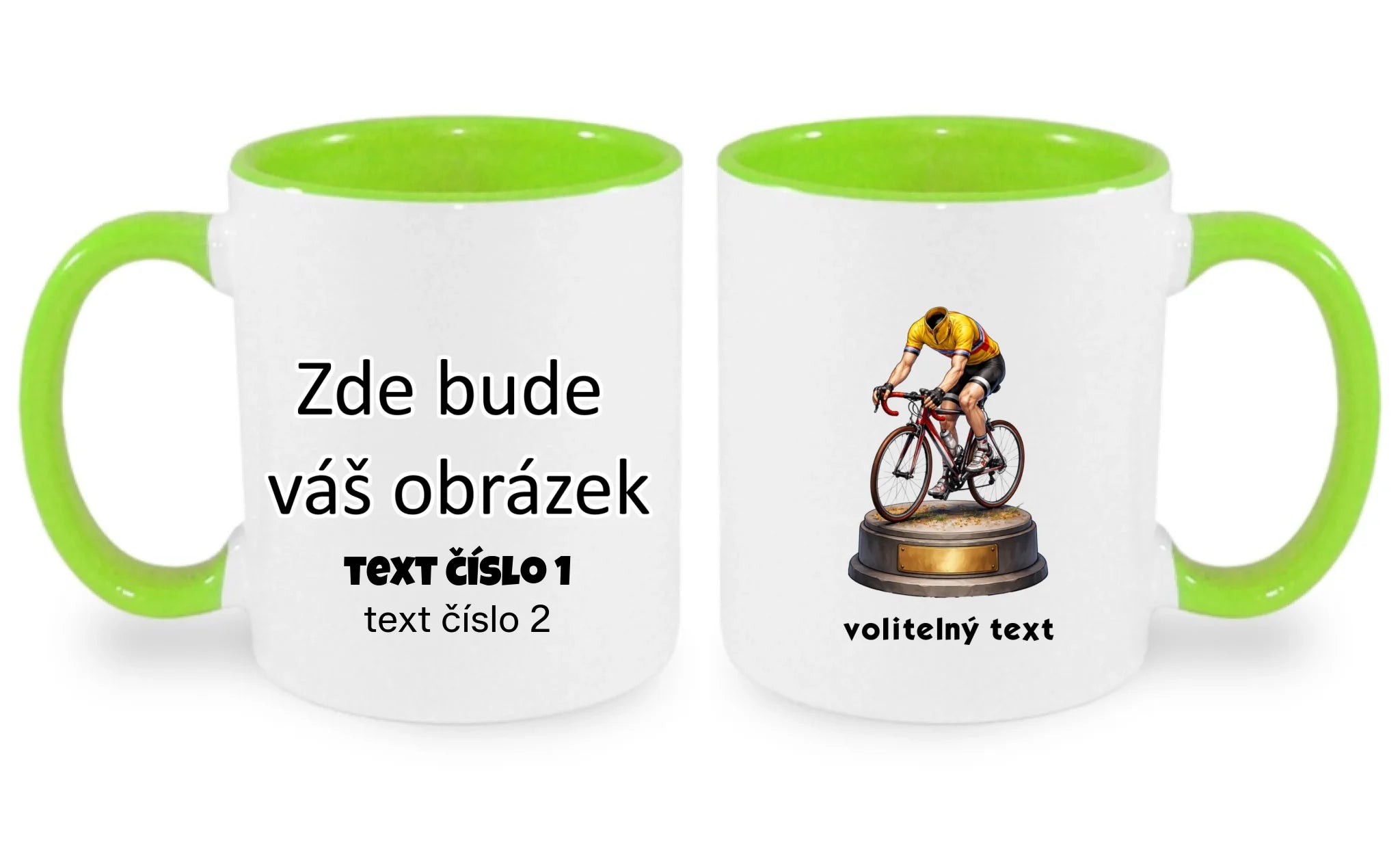HRNÍČEK s motivem KOLO, PLAVÁNÍ s vlastní fotkou oboustranný potisk hrníček Bílá zelená 330 ml