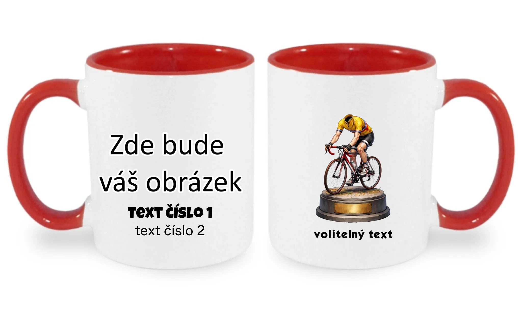 HRNÍČEK s motivem KOLO, PLAVÁNÍ s vlastní fotkou oboustranný potisk hrníček Bílá červená 330 ml