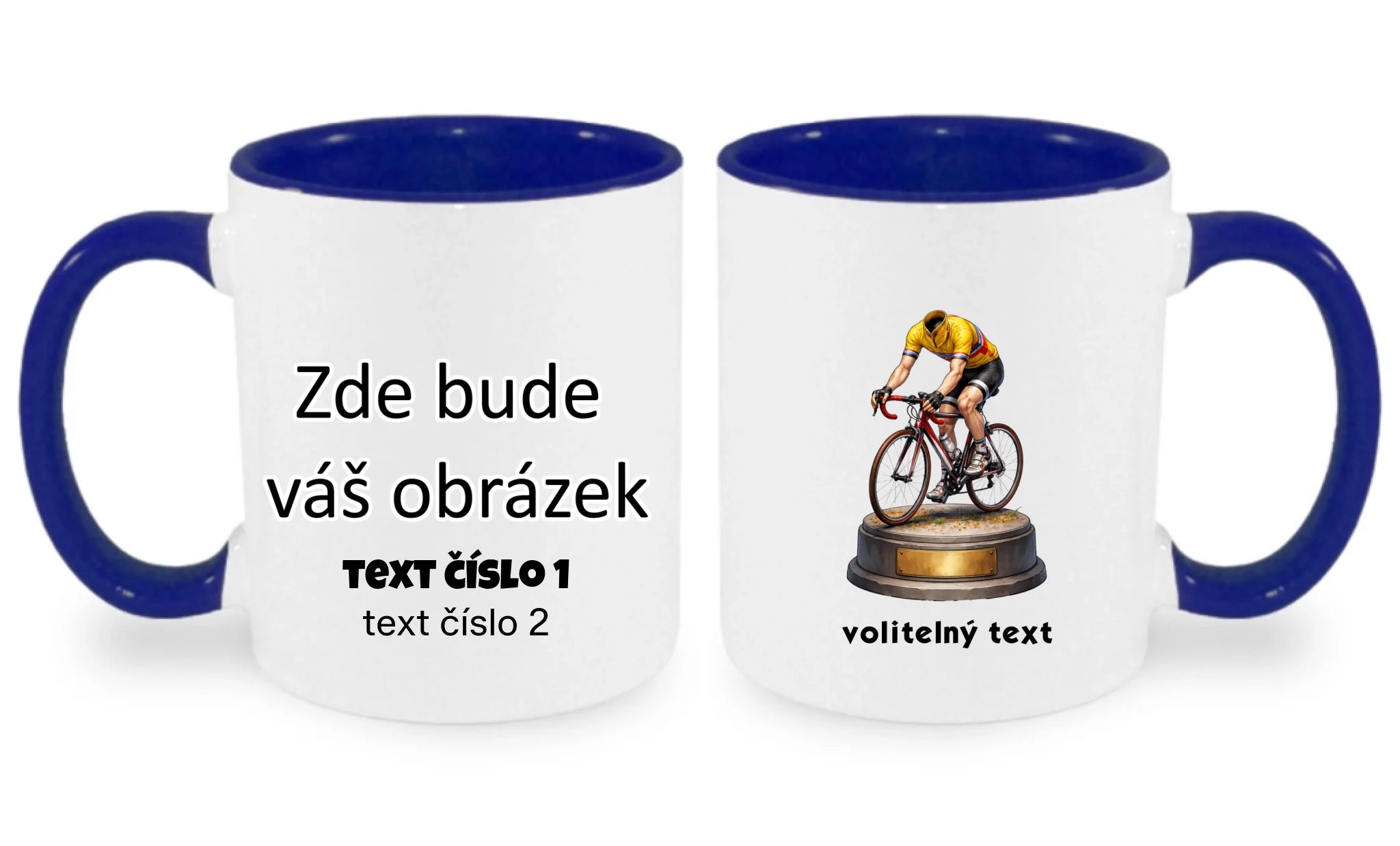 HRNÍČEK s motivem KOLO, PLAVÁNÍ s vlastní fotkou oboustranný potisk hrníček Bílá modrá 330 ml