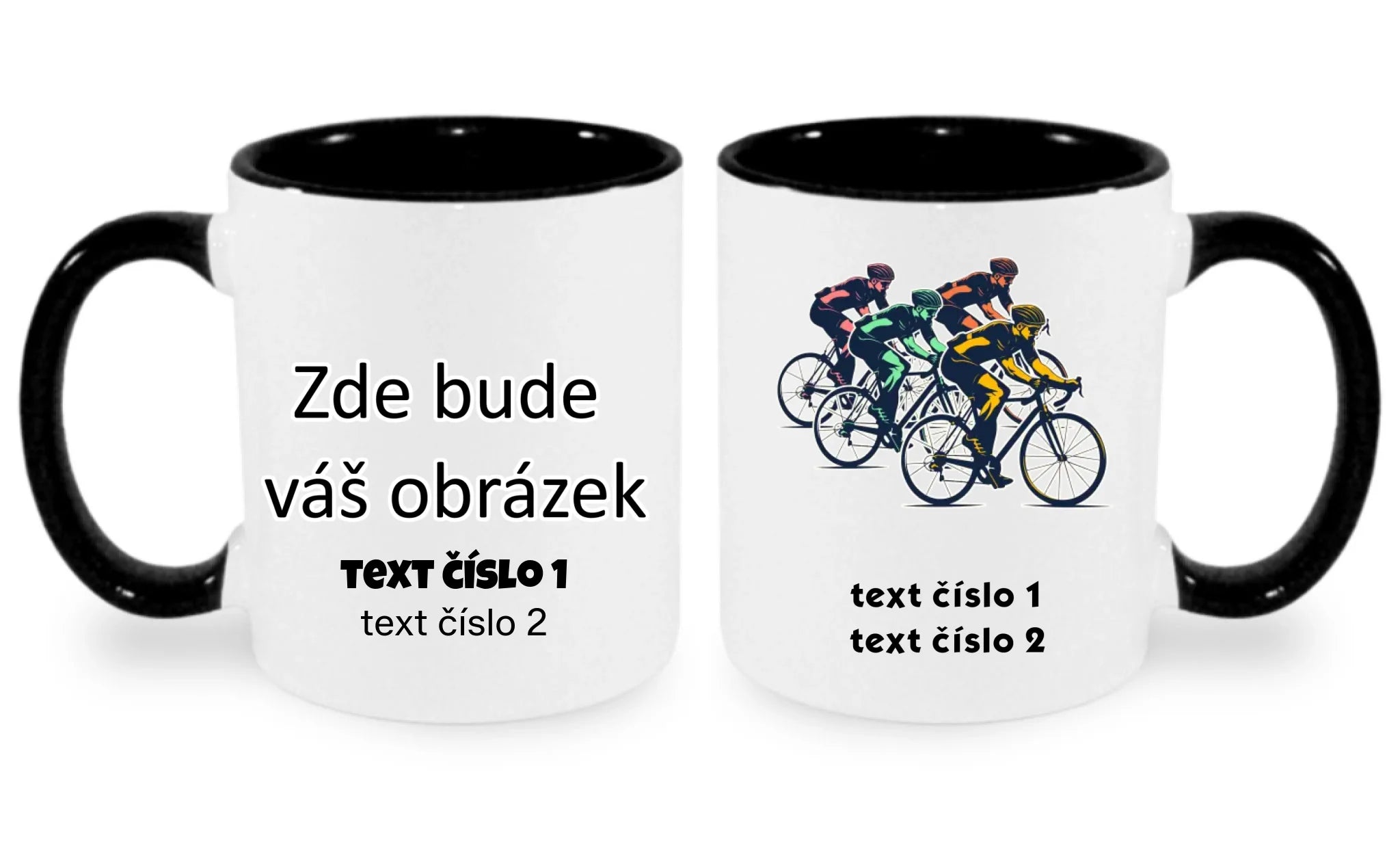 HRNÍČEK s motivem KOLO, PLAVÁNÍ (výběr z 25+ obrázků, možnost doplnit vlastní texty) oboustranný potisk hrníček Bílá černá 330 ml