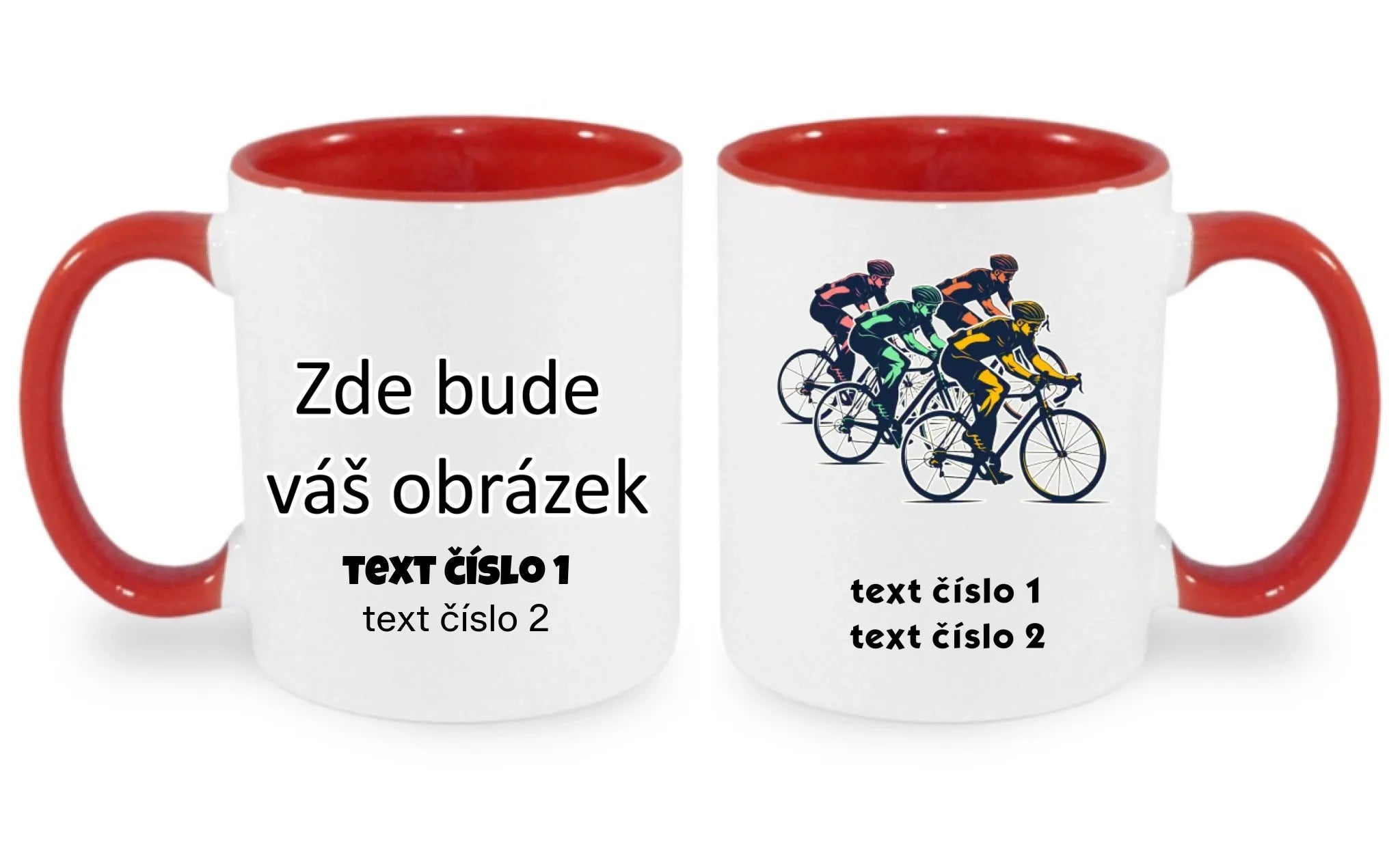 HRNÍČEK s motivem KOLO, PLAVÁNÍ (výběr z 25+ obrázků, možnost doplnit vlastní texty) oboustranný potisk hrníček Bílá červená 330 ml