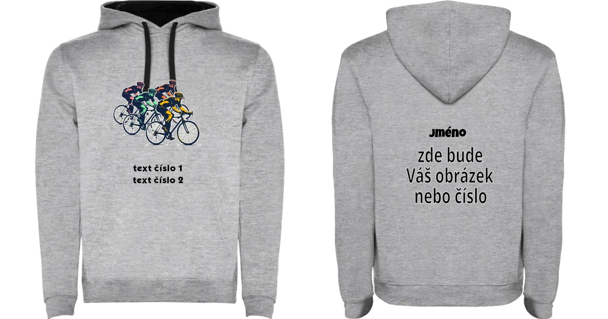 DĚTSKÁ MIKINA S KAPUCÍ s motivem KOLO, PLAVÁNÍ výběr z 25+ obrázků, možnost doplnit vlastní texty motiv dopředu a na záda vlastní potisk Melír černá