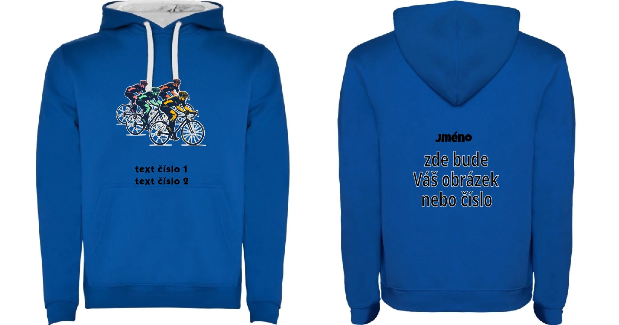 DĚTSKÁ MIKINA S KAPUCÍ s motivem KOLO, PLAVÁNÍ výběr z 25+ obrázků, možnost doplnit vlastní texty motiv dopředu a na záda vlastní potisk Modrá bílá