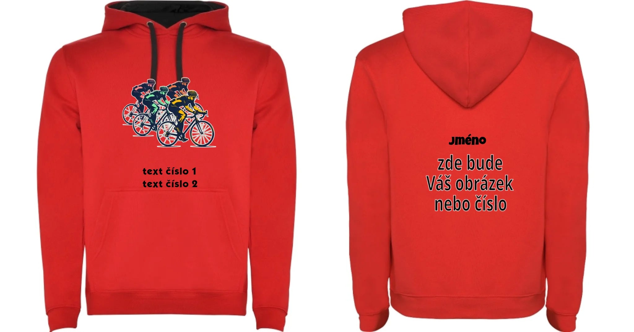 DĚTSKÁ MIKINA S KAPUCÍ s motivem KOLO, PLAVÁNÍ výběr z 25+ obrázků, možnost doplnit vlastní texty motiv dopředu a na záda vlastní potisk Červená černá