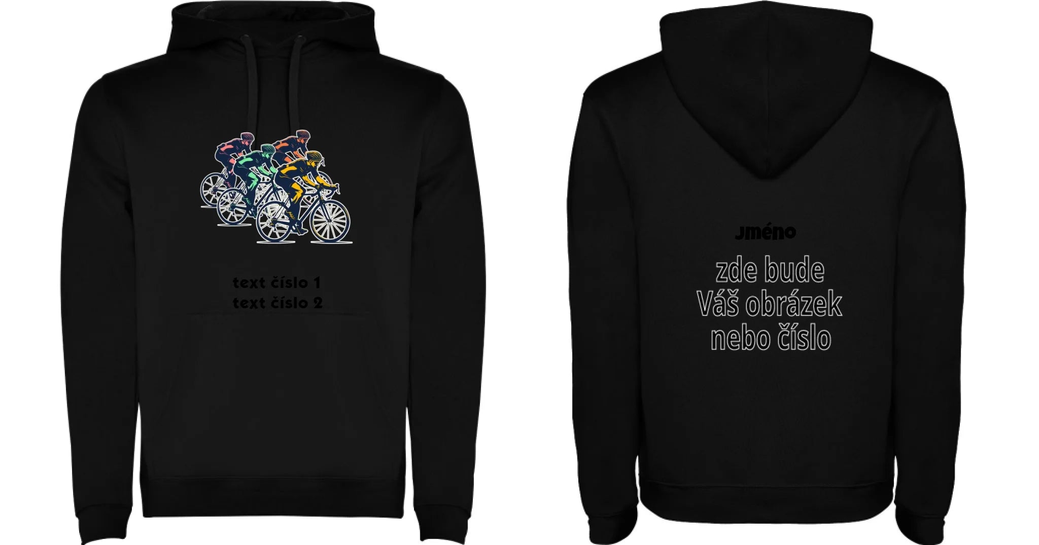 DĚTSKÁ MIKINA S KAPUCÍ s motivem KOLO, PLAVÁNÍ výběr z 25+ obrázků, možnost doplnit vlastní texty motiv dopředu a na záda vlastní potisk Černá