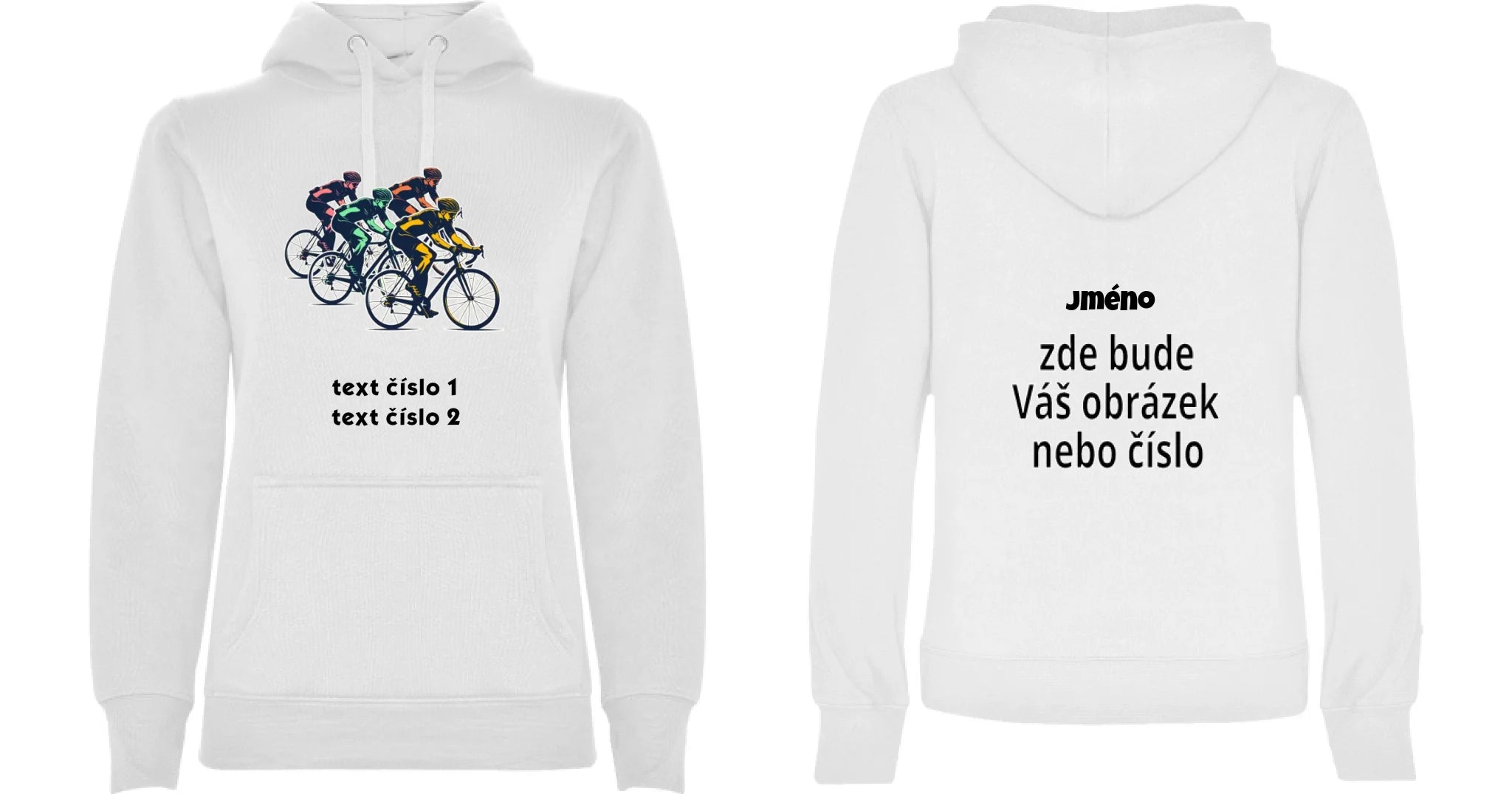 DÁMSKÁ MIKINA S KAPUCÍ s motivem KOLO, PLAVÁNÍ výběr z 20+ obrázků, možnost doplnit vlastní texty motvi dopředu a na záda vlastní potisk Bílá