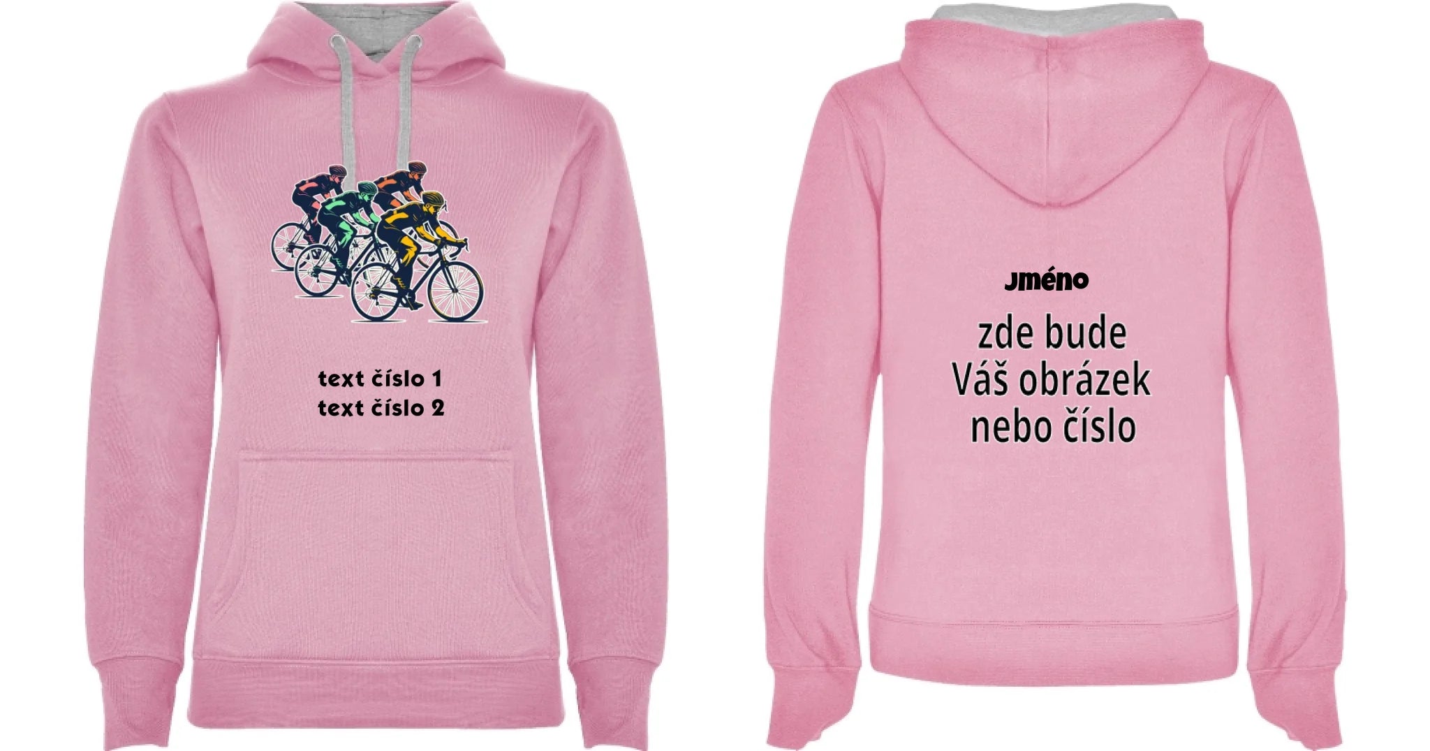 DÁMSKÁ MIKINA S KAPUCÍ s motivem KOLO, PLAVÁNÍ výběr z 20+ obrázků, možnost doplnit vlastní texty motvi dopředu a na záda vlastní potisk Růžová melír
