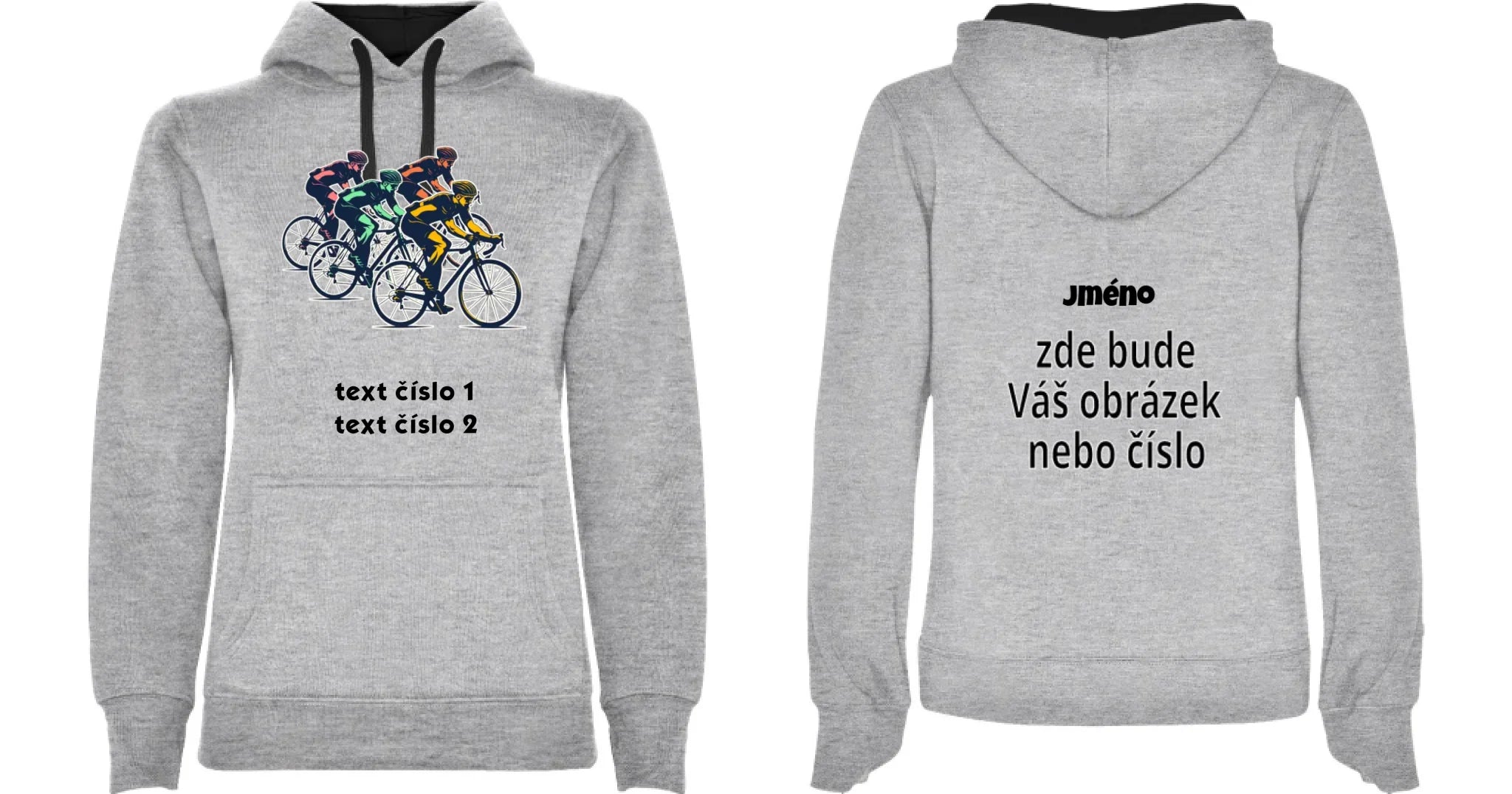 DÁMSKÁ MIKINA S KAPUCÍ s motivem KOLO, PLAVÁNÍ výběr z 20+ obrázků, možnost doplnit vlastní texty motvi dopředu a na záda vlastní potisk Melír černá
