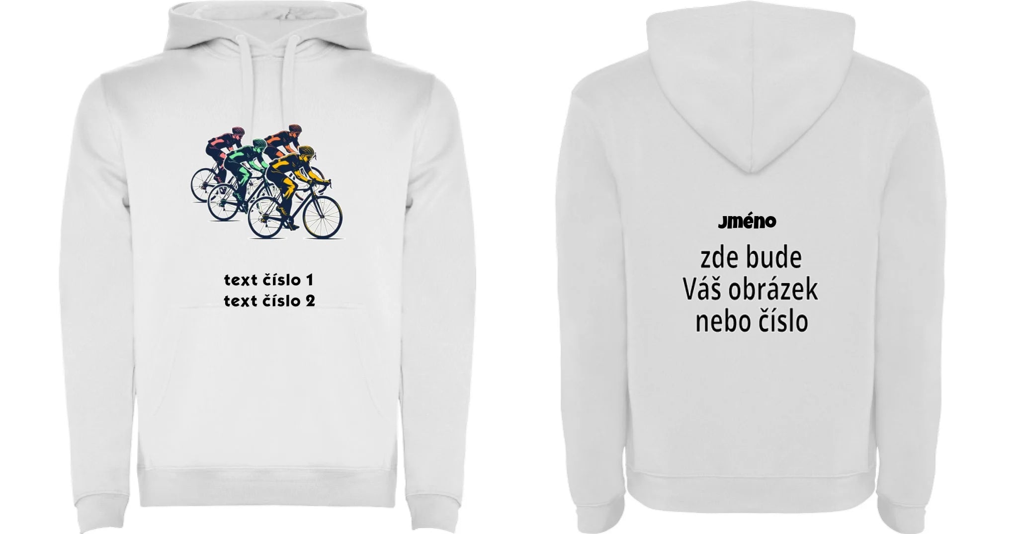 PÁNSKÁ MIKINA S KAPUCÍ s motivem KOLO, PLAVÁNÍ výběr z 20+ obrázků, možnost doplnit vlastní texty motiv dopředu a na záda vlastní potisk Bílá
