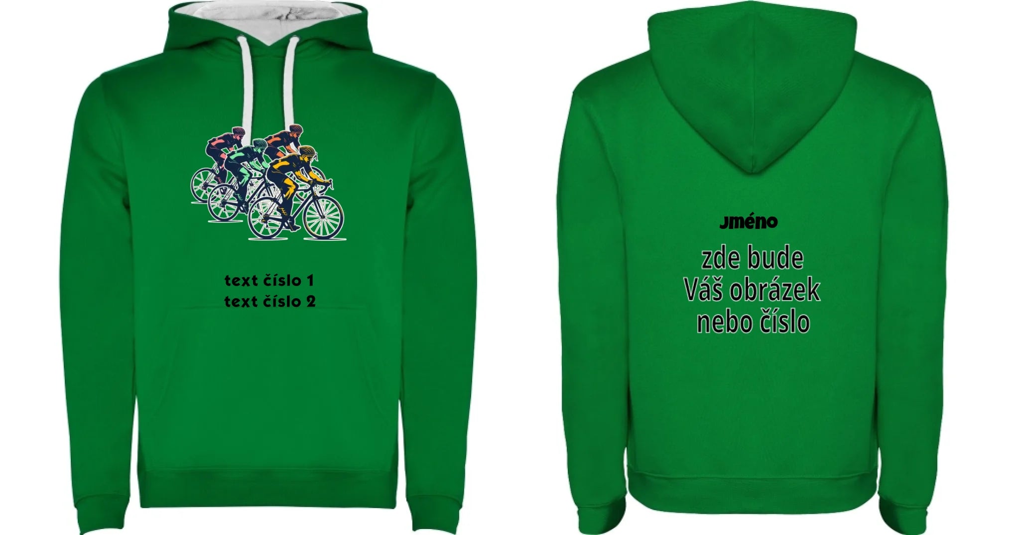 PÁNSKÁ MIKINA S KAPUCÍ s motivem KOLO, PLAVÁNÍ výběr z 20+ obrázků, možnost doplnit vlastní texty motiv dopředu a na záda vlastní potisk Sytě zelená bílá