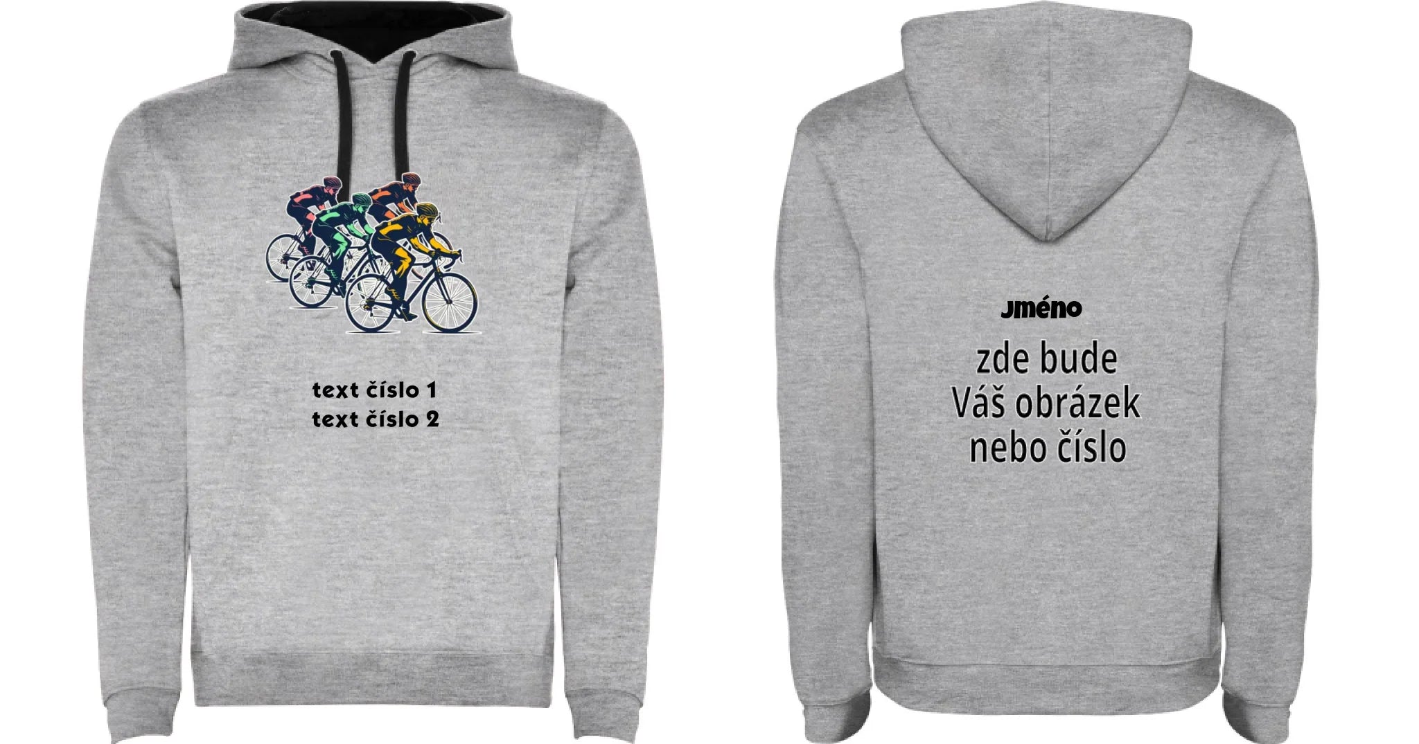PÁNSKÁ MIKINA S KAPUCÍ s motivem KOLO, PLAVÁNÍ výběr z 20+ obrázků, možnost doplnit vlastní texty motiv dopředu a na záda vlastní potisk Melír černá