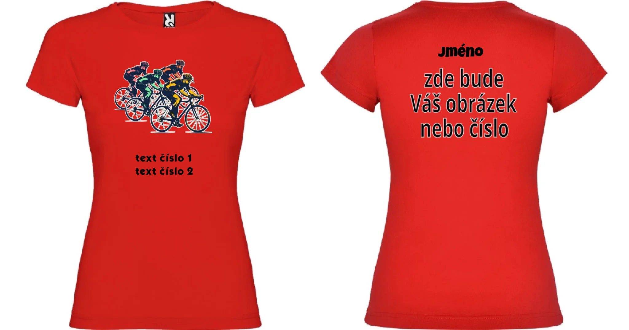 DÁMSKÉ TRIČKO s motivem KOLO, PLAVÁNÍ výběr z 20+ obrázků, možnost doplnit vlastní texty motiv dopředu a na záda vlastní potisk Červená