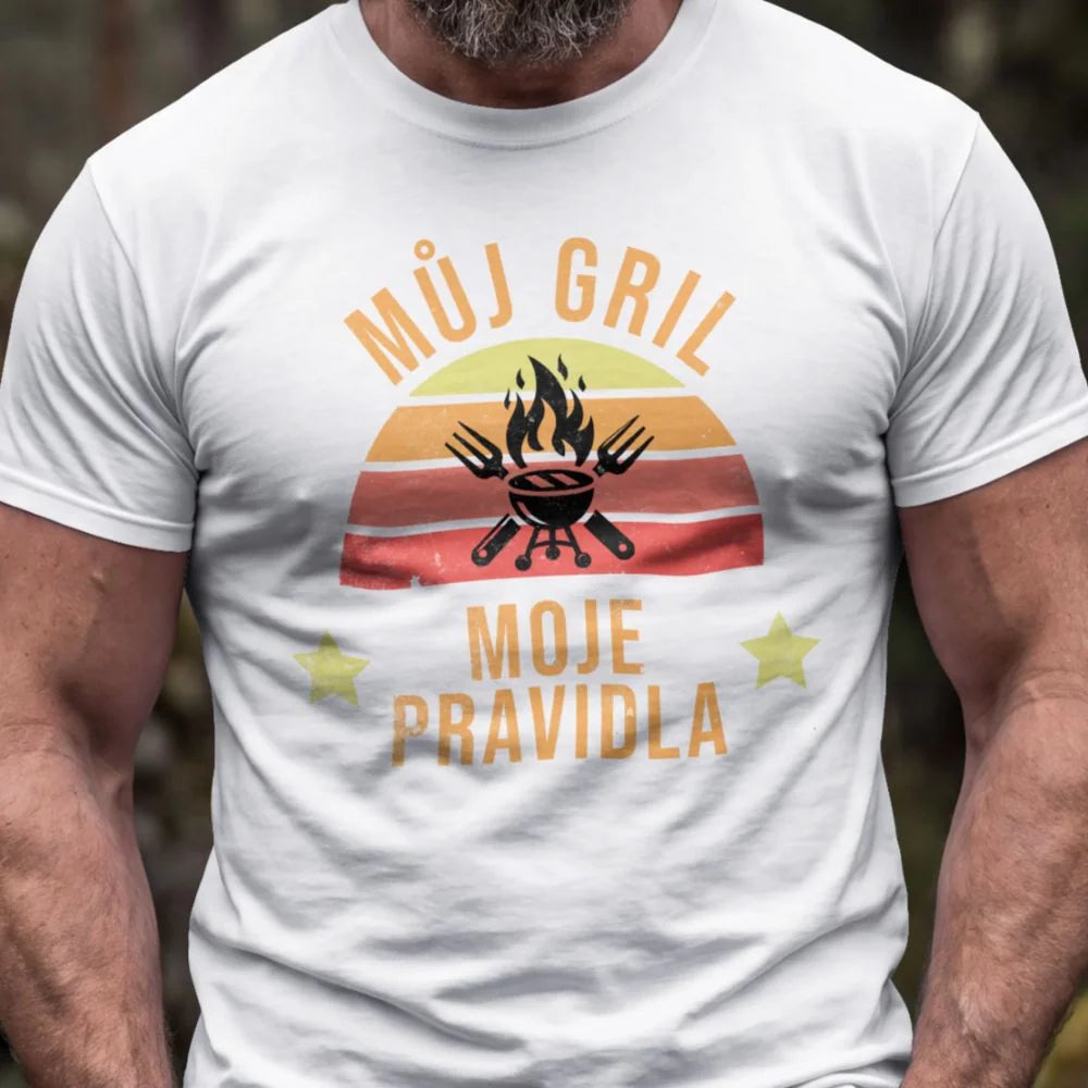 PÁNSKÉ TRIČKO MŮJ GRIL MOJE PRAVIDLA s možností dotisku jména, čísla, obrázku