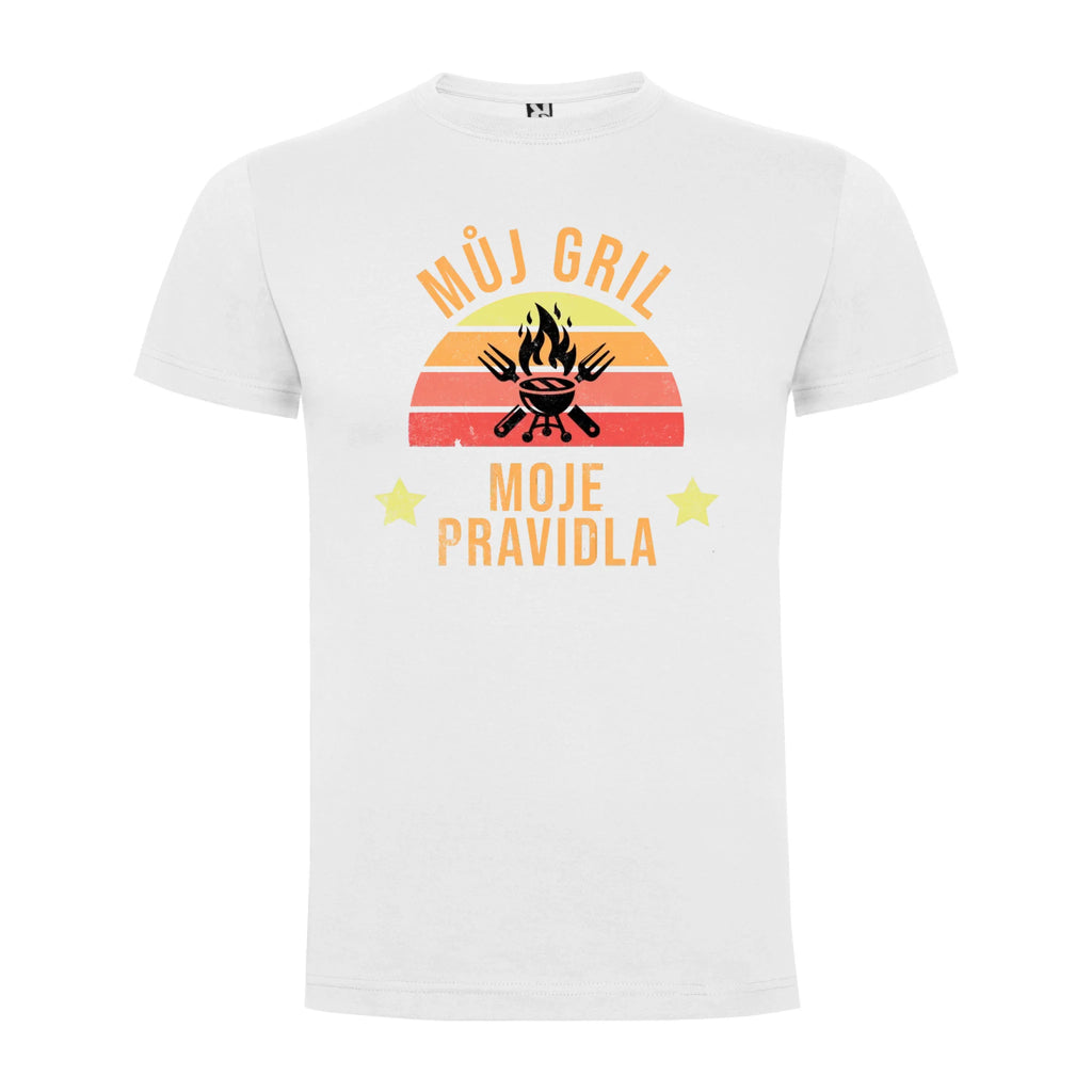 PÁNSKÉ TRIČKO MŮJ GRIL MOJE PRAVIDLA s možností dotisku jména, čísla, obrázku jen motiv dopředu Bílá