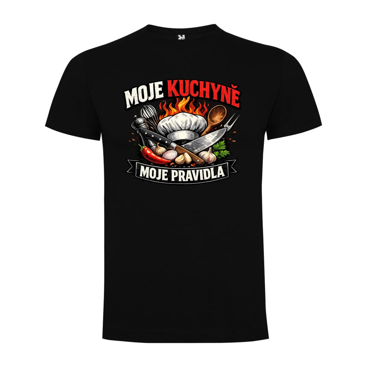 PÁNSKÉ TRIČKO MOJE KUCHYNĚ MOJE PRAVIDLA s možností dotisku jména, čísla, obrázku jen motiv dopředu Černá