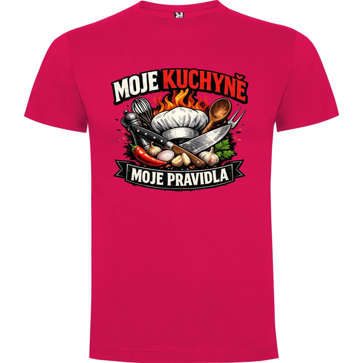 PÁNSKÉ TRIČKO MOJE KUCHYNĚ MOJE PRAVIDLA s možností dotisku jména, čísla, obrázku jen motiv dopředu Růže