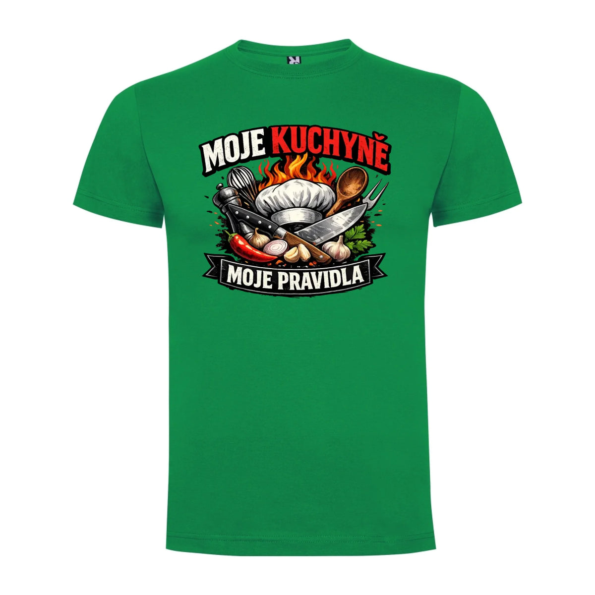 PÁNSKÉ TRIČKO MOJE KUCHYNĚ MOJE PRAVIDLA s možností dotisku jména, čísla, obrázku jen motiv dopředu Zelená