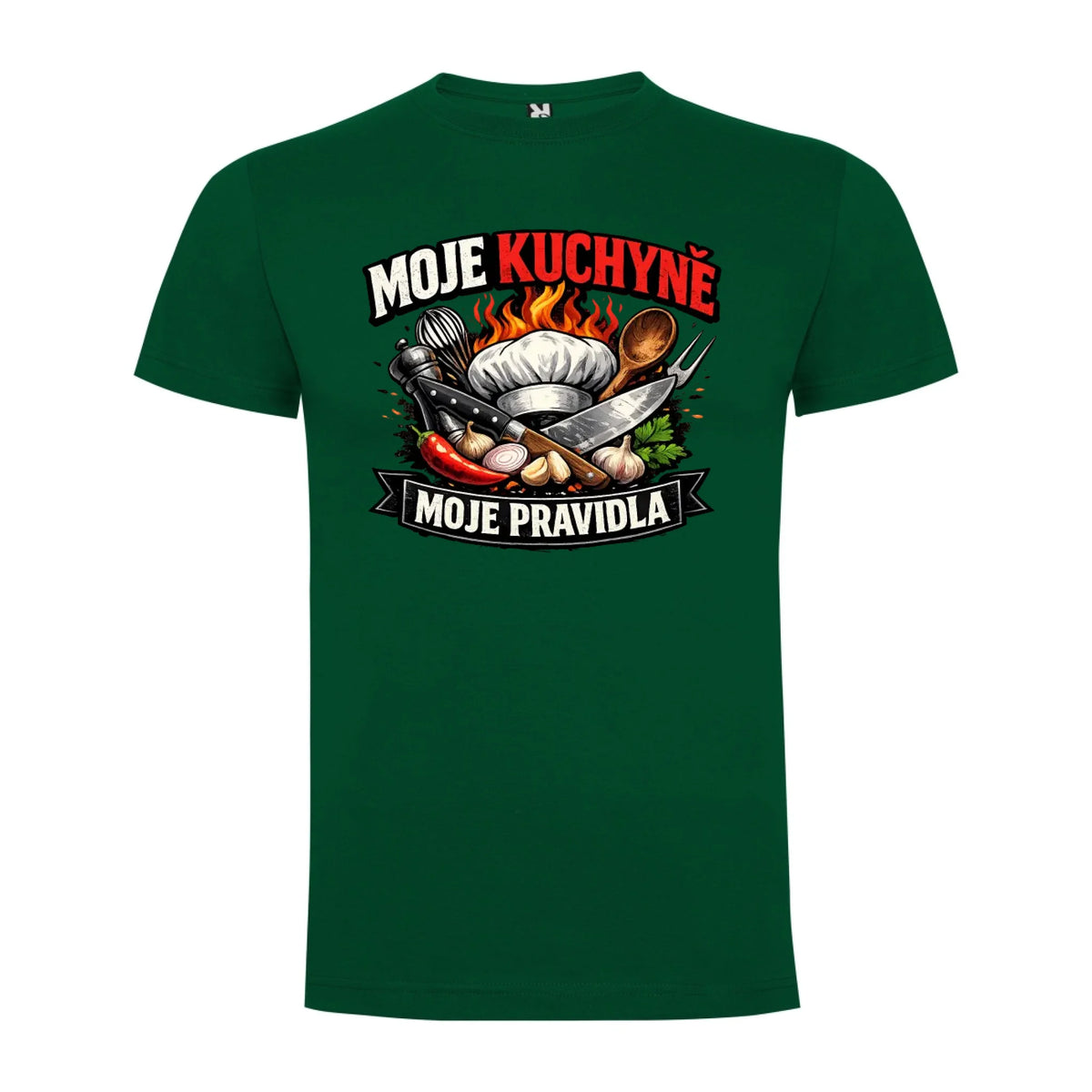 PÁNSKÉ TRIČKO MOJE KUCHYNĚ MOJE PRAVIDLA s možností dotisku jména, čísla, obrázku jen motiv dopředu Tmavě zelená