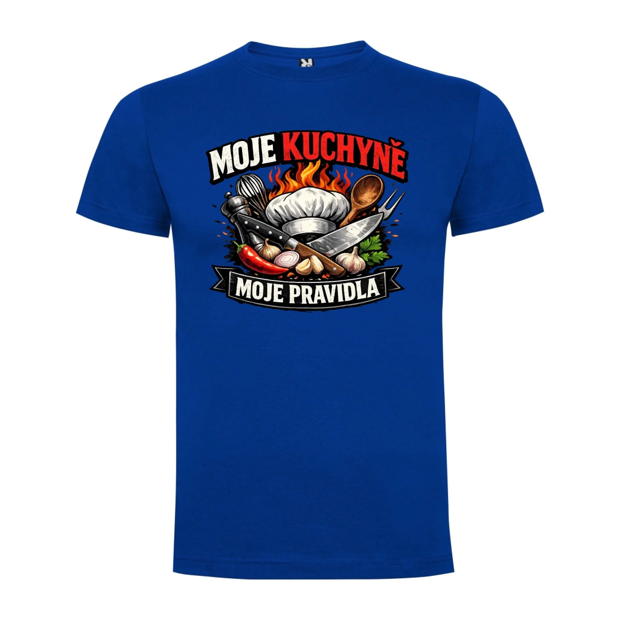 PÁNSKÉ TRIČKO MOJE KUCHYNĚ MOJE PRAVIDLA s možností dotisku jména, čísla, obrázku jen motiv dopředu Modrá