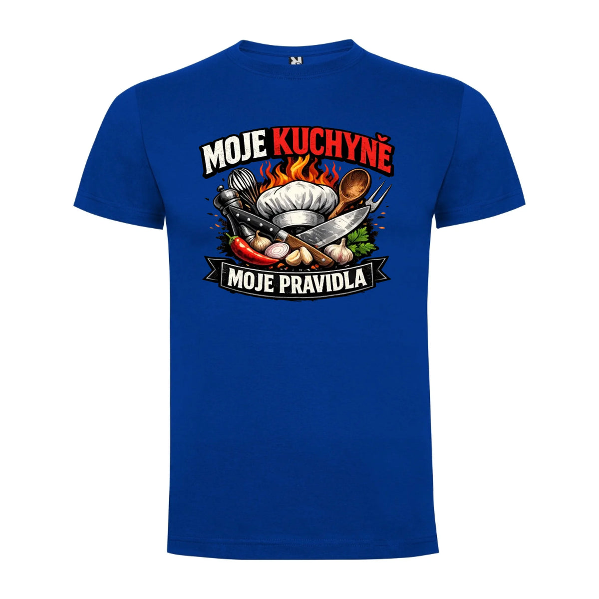 PÁNSKÉ TRIČKO MOJE KUCHYNĚ MOJE PRAVIDLA s možností dotisku jména, čísla, obrázku jen motiv dopředu Modrá