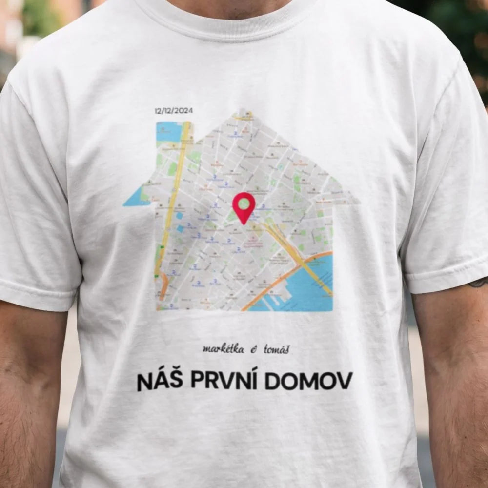 PÁNSKÉ TRIČKO s motivem RODINA TADY TO ZAČALO (vyberete tvar mapy, místo, doplníte texty)