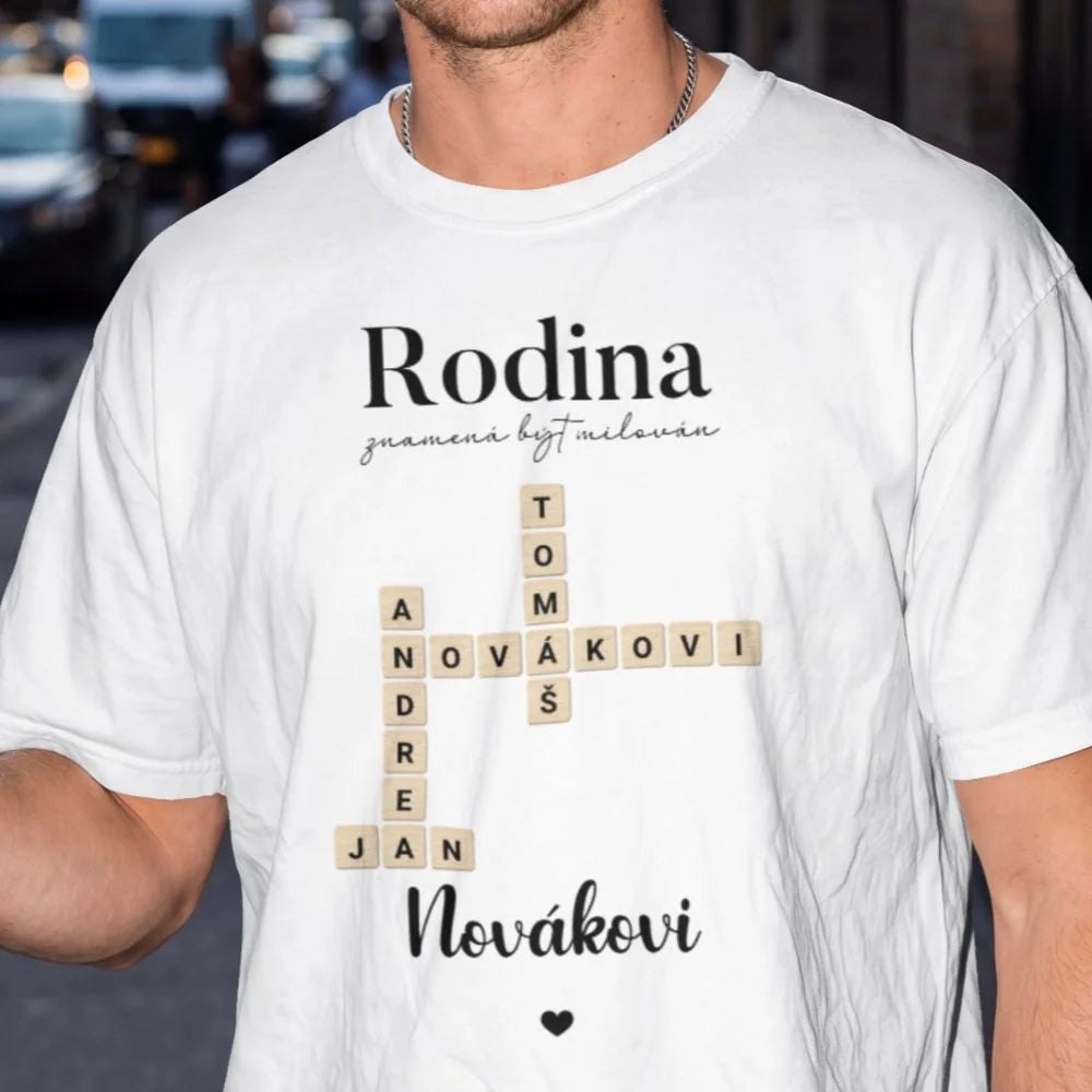 PÁNSKÉ TRIČKO s motivem RODINA SCRABLE (vložíte jména, doplníte texty)
