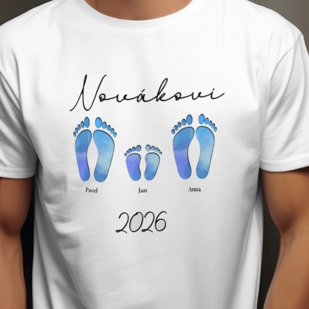 PÁNSKÉ TRIČKO s motivem RODINA NAŠE STOPY (doplníte jména a další texty)