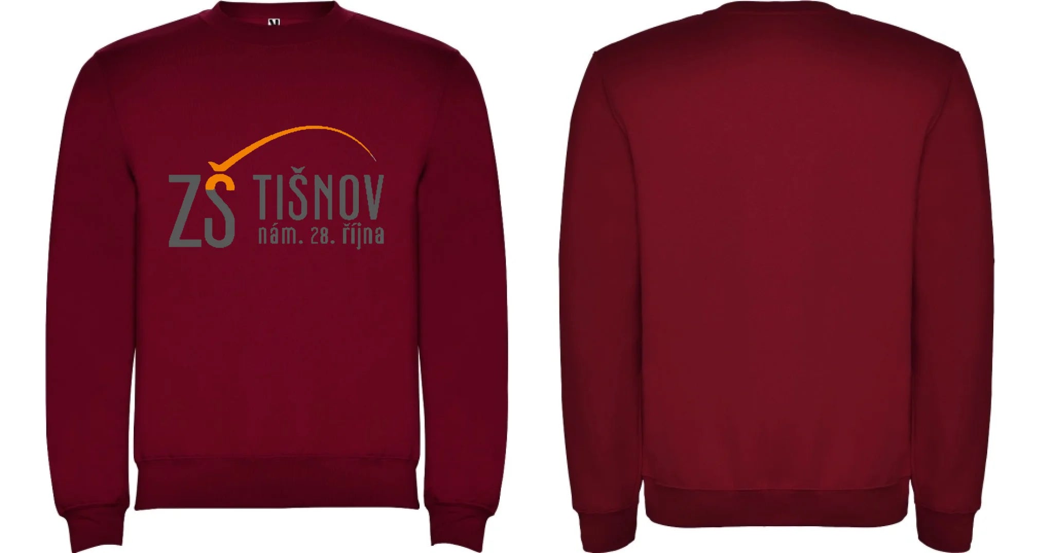 ZŠ Tišnov dětské velikosti mikina bez kapuce unisex motiv dopředu a na záda vlastní potisk Granátová