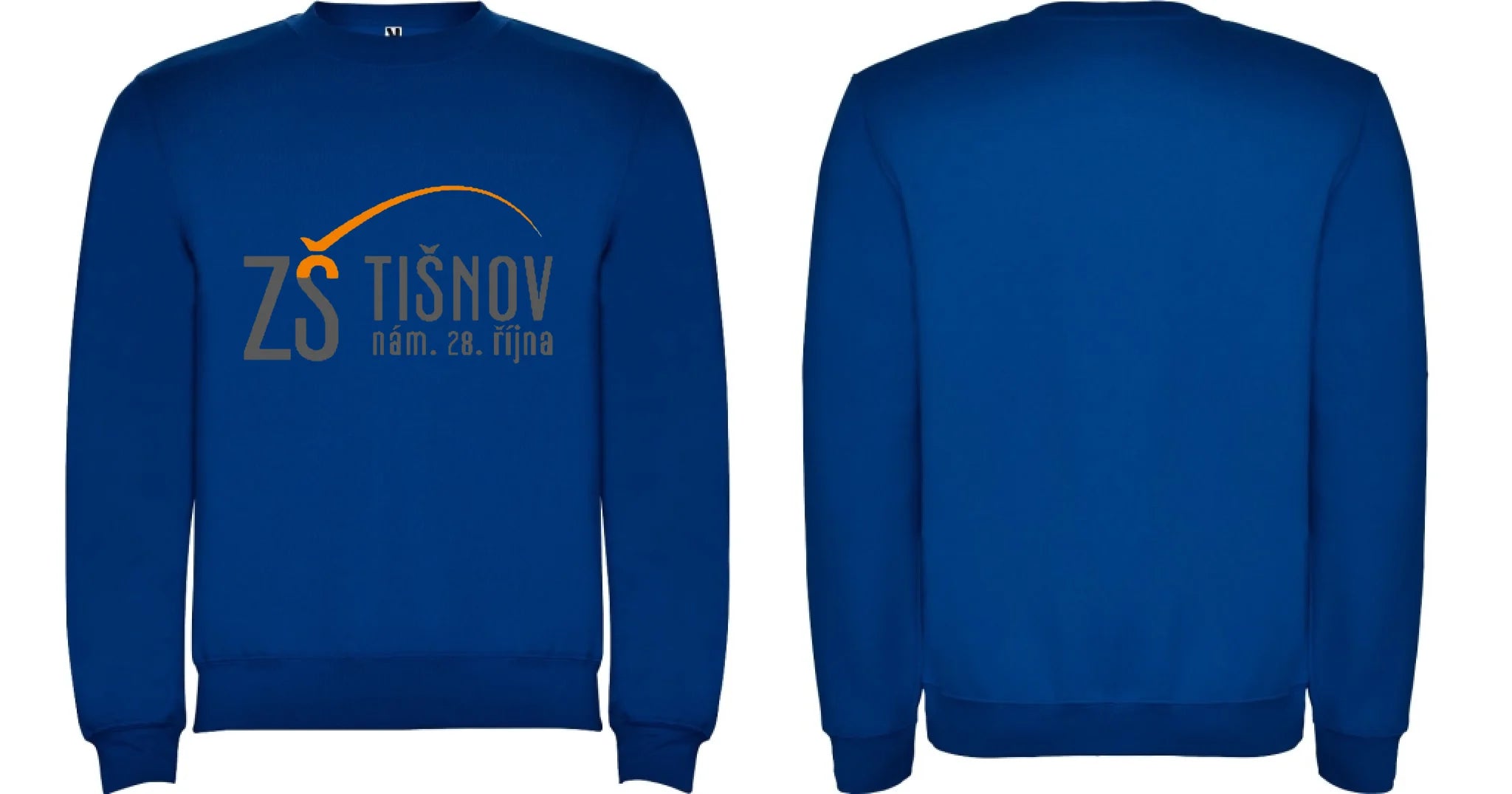 ZŠ Tišnov dětské velikosti mikina bez kapuce unisex motiv dopředu a na záda vlastní potisk Modrá