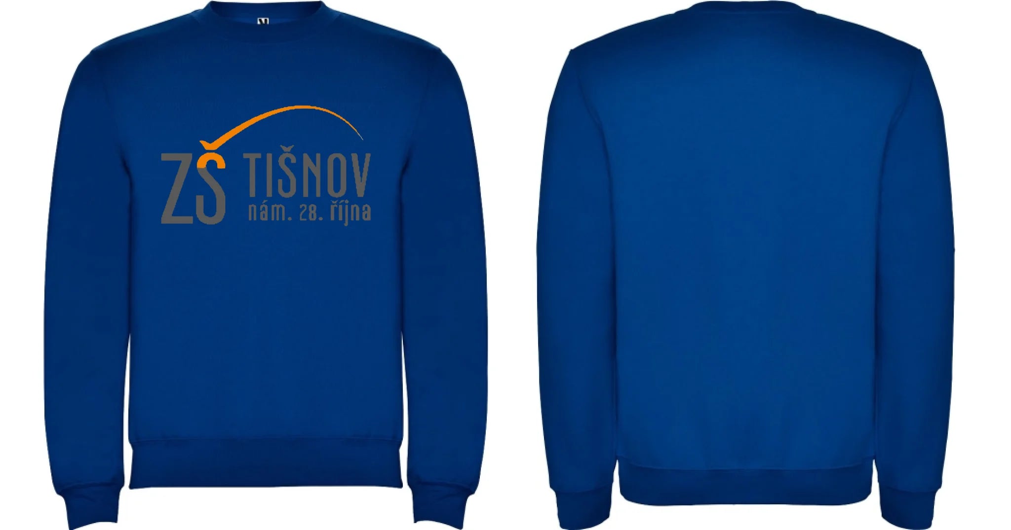 ZŠ Tišnov dospělé velikosti mikina bez kapuce unisex motiv dopředu a na záda vlastní potisk Modrá