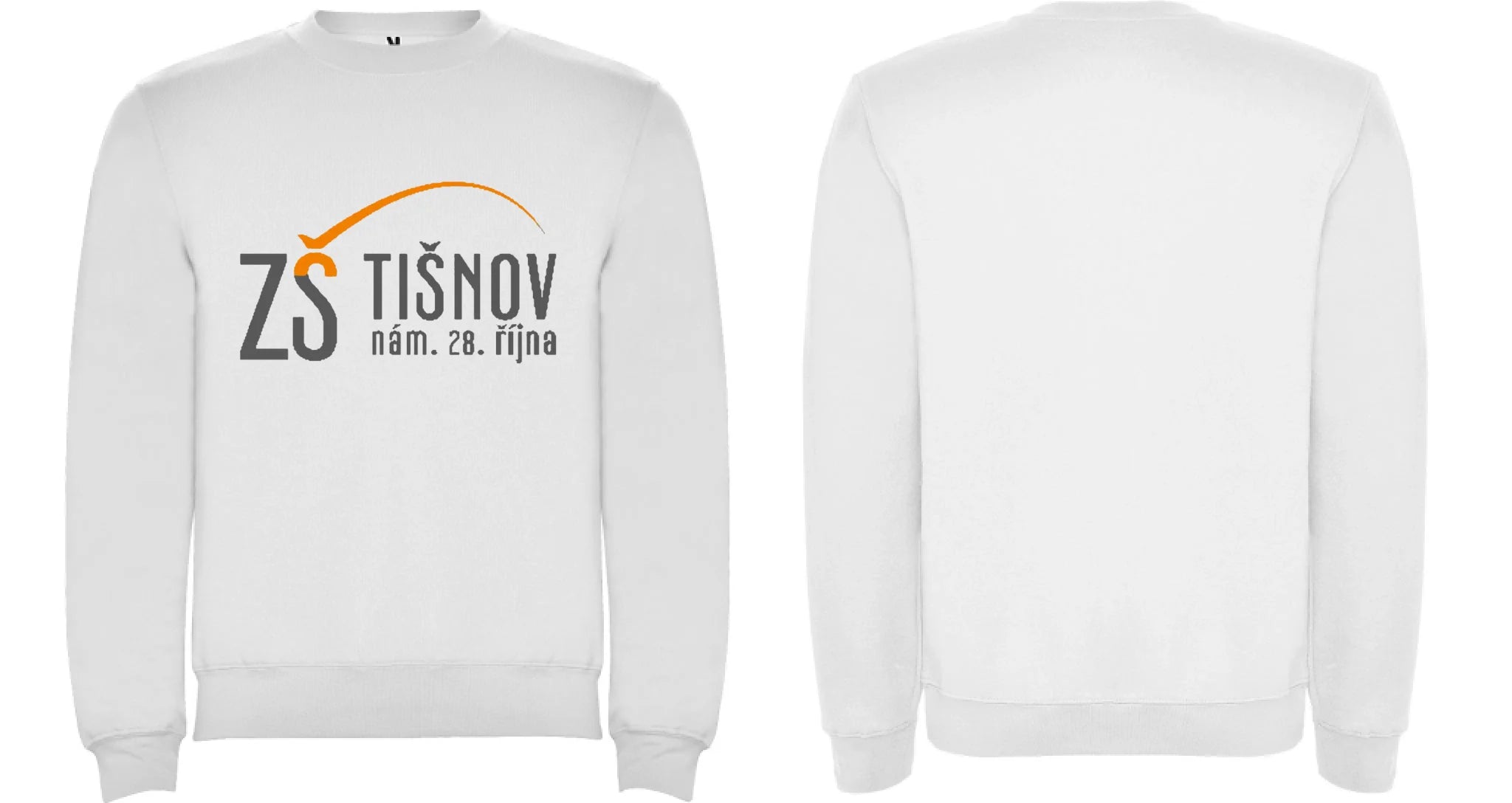 ZŠ Tišnov dospělé velikosti mikina bez kapuce unisex motiv dopředu a na záda vlastní potisk Bílá