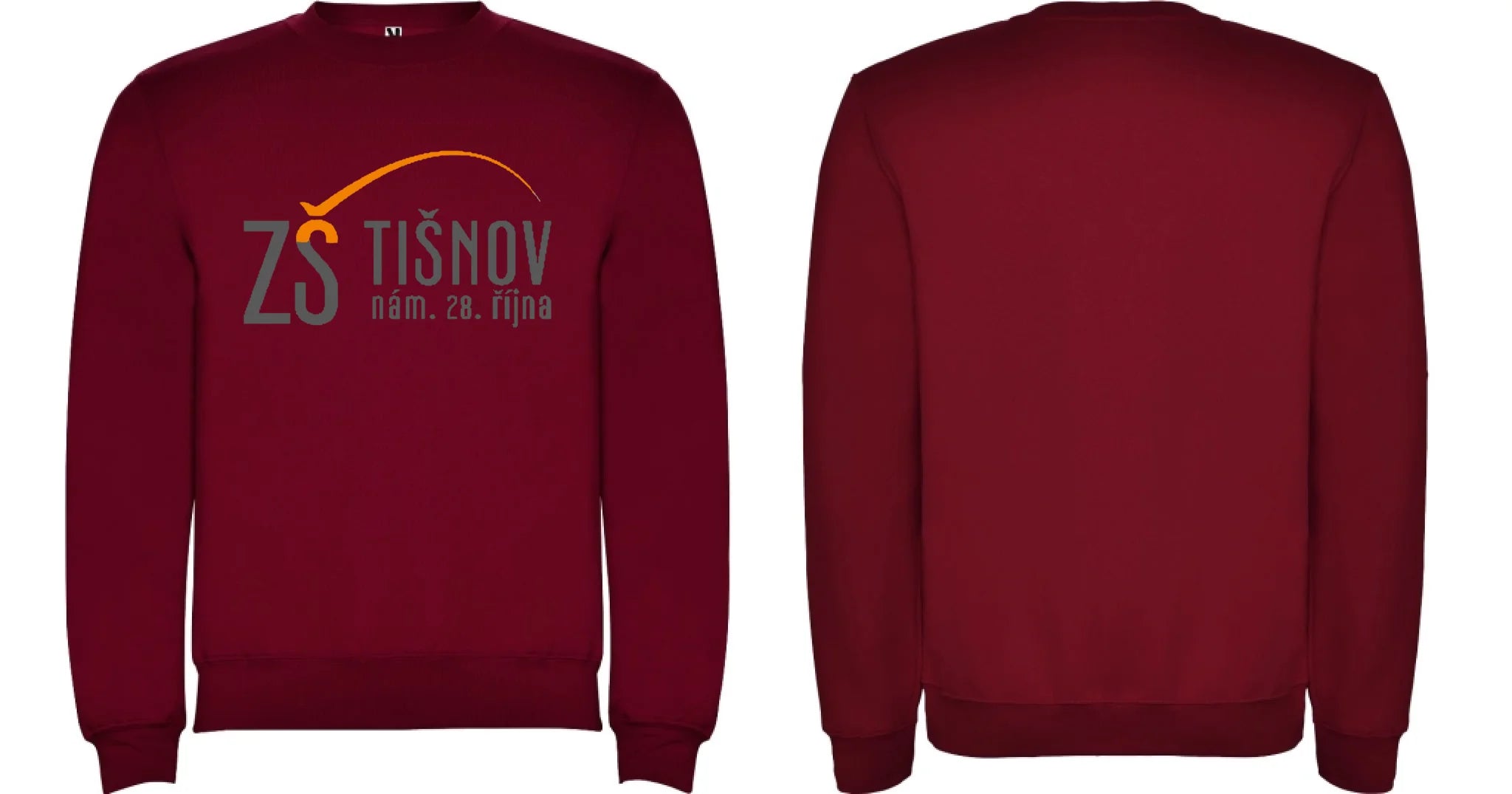 ZŠ Tišnov dospělé velikosti mikina bez kapuce unisex motiv dopředu a na záda vlastní potisk Granátová