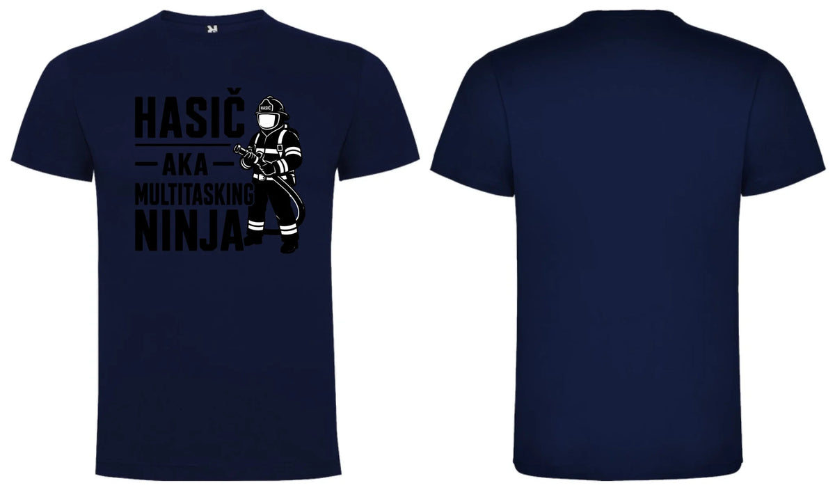 PÁNSKÉ TRIČKO HASIČ AKA NINJA s možností dotisku jména, čísla, obrázku motiv dopředu a na záda vlastní potisk Námořnická modrá