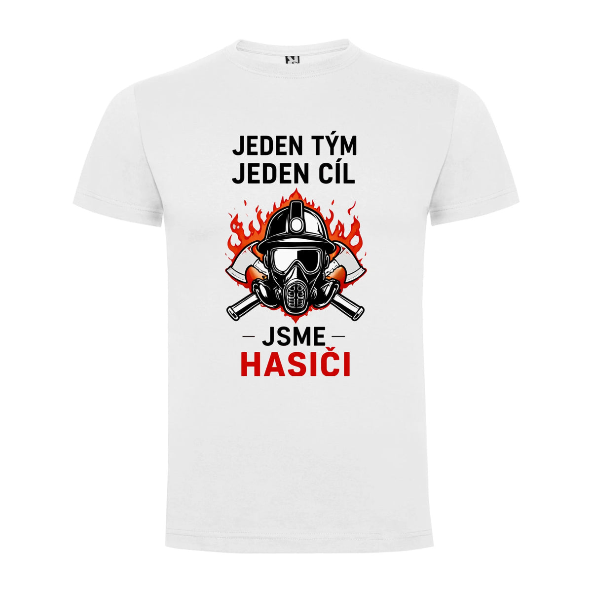 PÁNSKÉ TRIČKO S MOTIVEM HASIČI JEDEN TÝM možnost vlastního jména, čísla nebo obrázku jen motiv dopředu Bílá