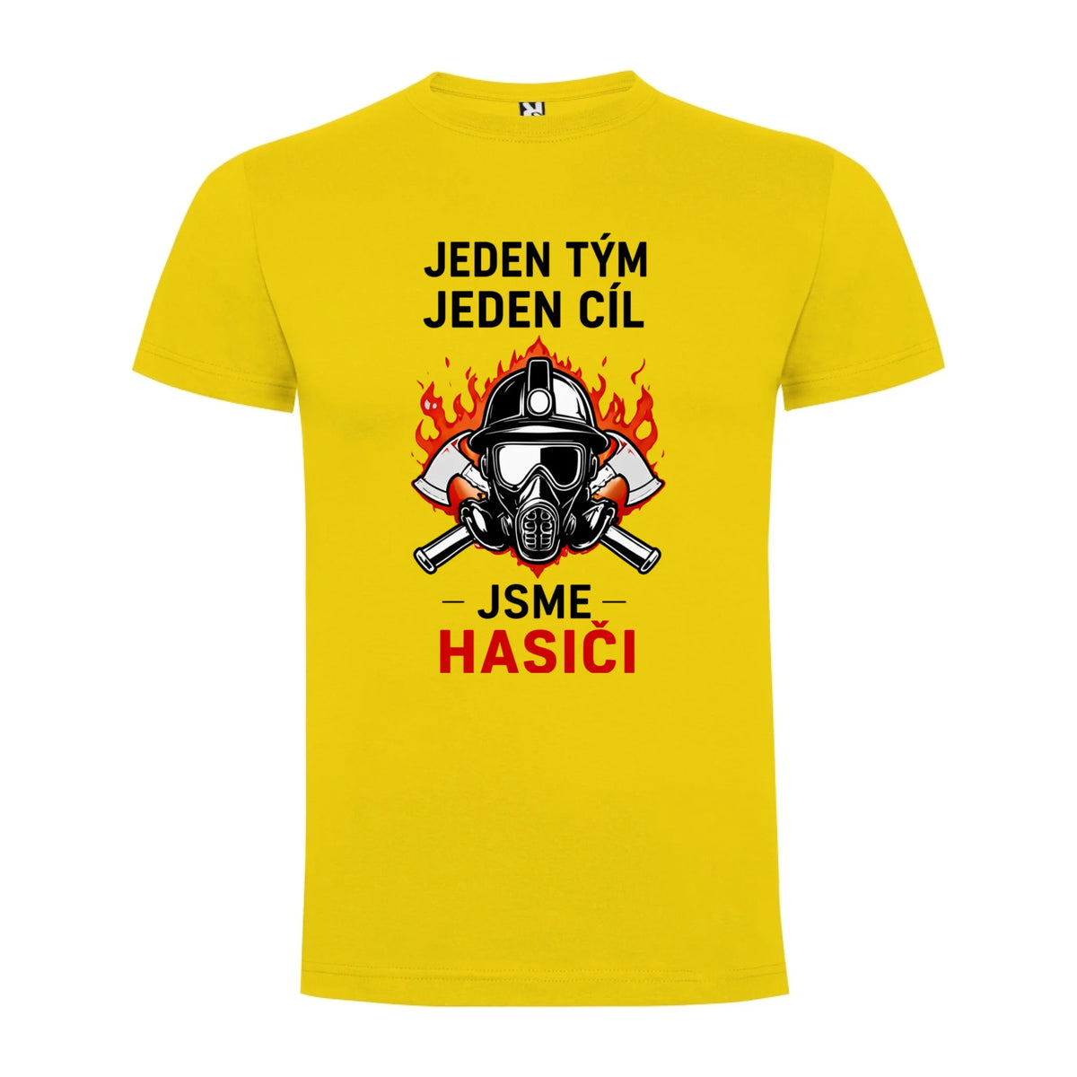 PÁNSKÉ TRIČKO S MOTIVEM HASIČI JEDEN TÝM možnost vlastního jména, čísla nebo obrázku jen motiv dopředu Žlutá