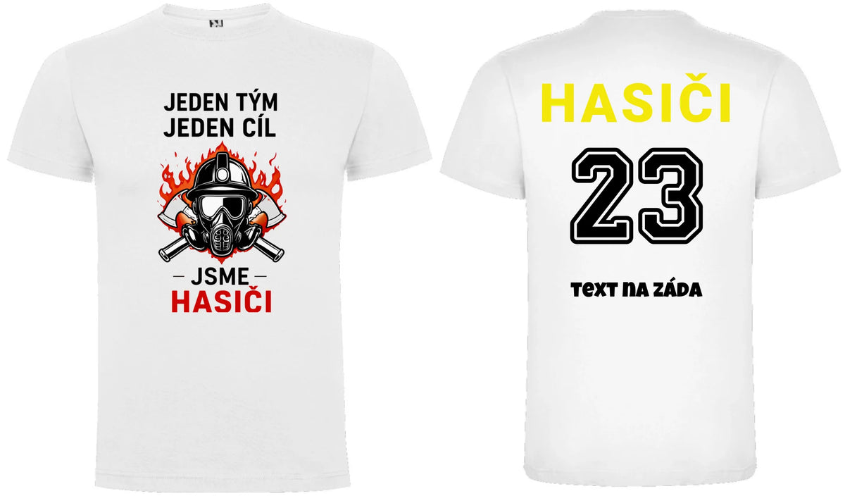 PÁNSKÉ TRIČKO S MOTIVEM HASIČI JEDEN TÝM možnost vlastního jména, čísla nebo obrázku motiv dopředu a na záda vlastní potisk Bílá
